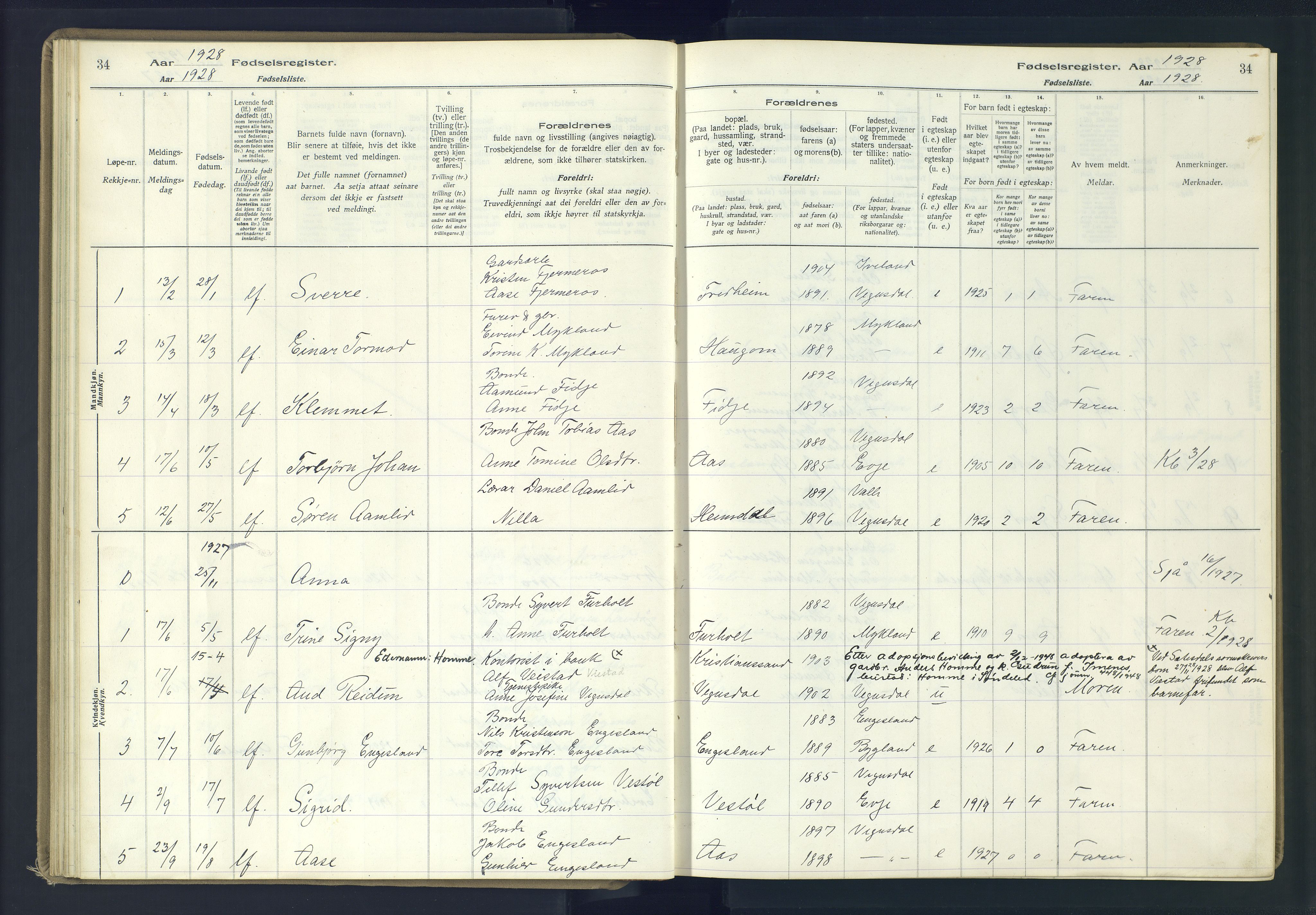 Herefoss sokneprestkontor, SAK/1111-0019/J/Ja/L0002: Birth register no. II.6.11, 1916-1982, p. 34