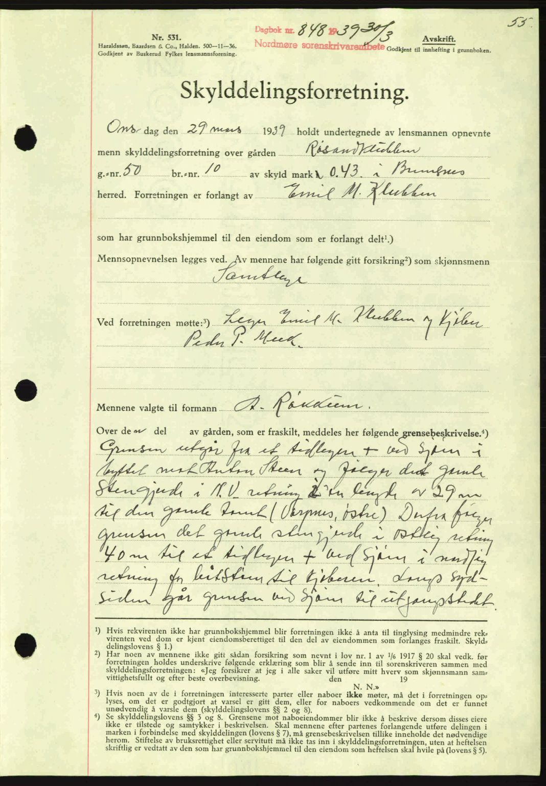 Nordmøre sorenskriveri, AV/SAT-A-4132/1/2/2Ca: Mortgage book no. A86, 1939-1939, Diary no: : 848/1939