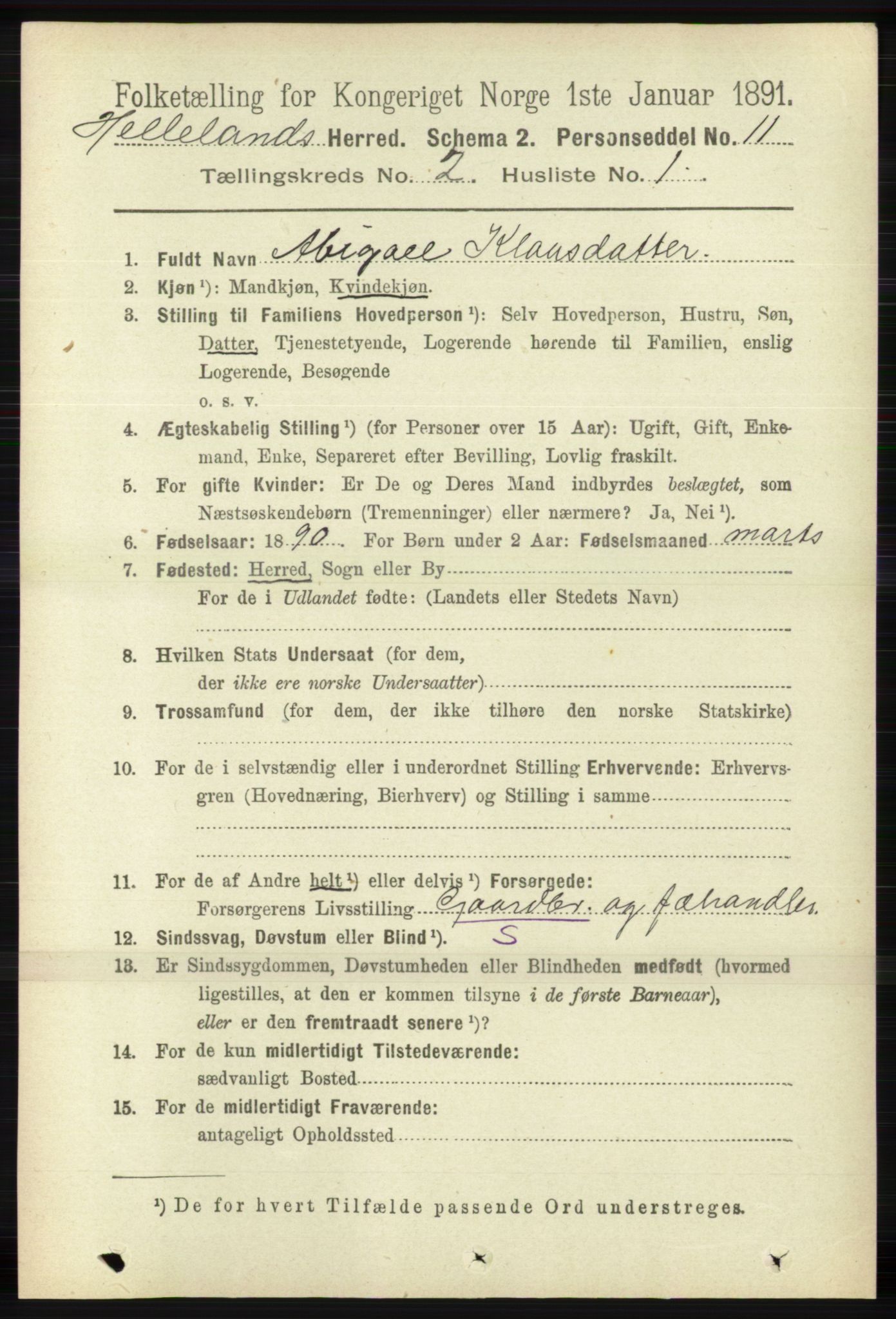 RA, 1891 census for 1115 Helleland, 1891, p. 445