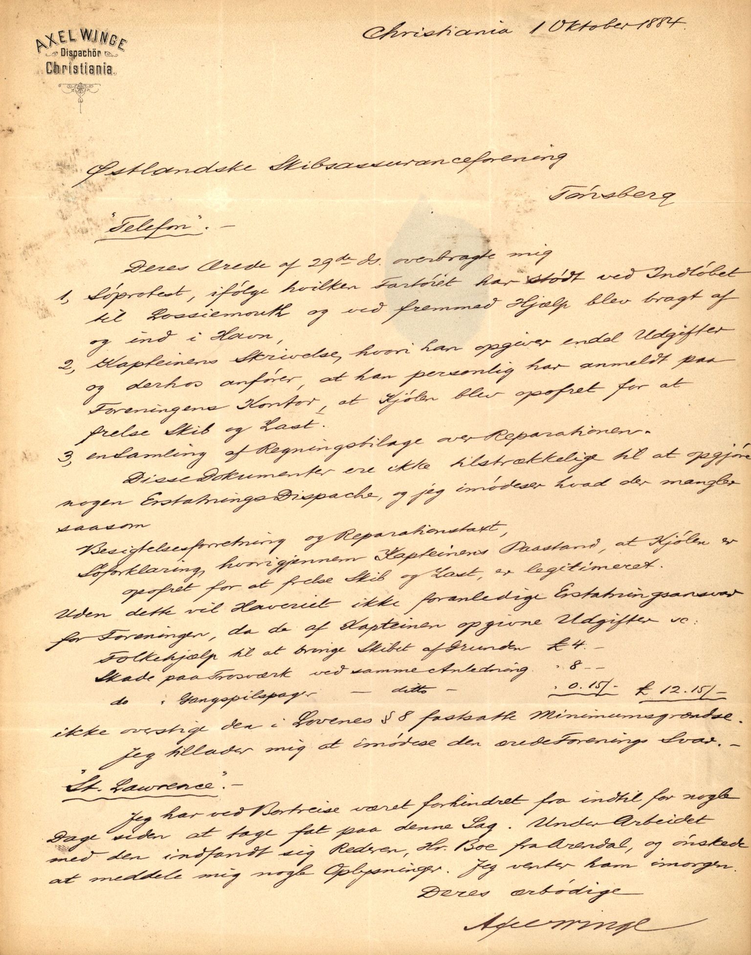 Pa 63 - Østlandske skibsassuranceforening, VEMU/A-1079/G/Ga/L0019/0001: Havaridokumenter / Telanak, Telefon, Ternen, Sir John Lawrence, Benguela, 1886, p. 24