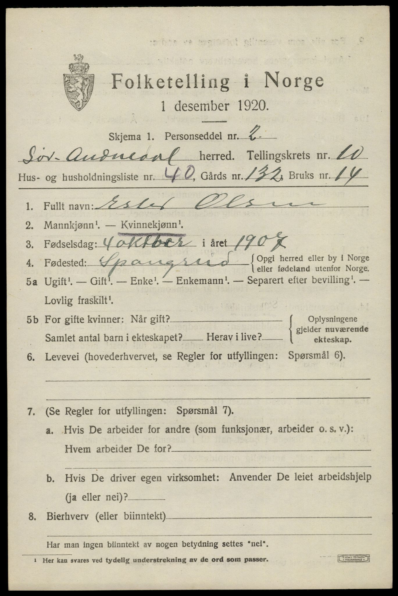 SAK, 1920 census for Sør-Audnedal, 1920, p. 4175