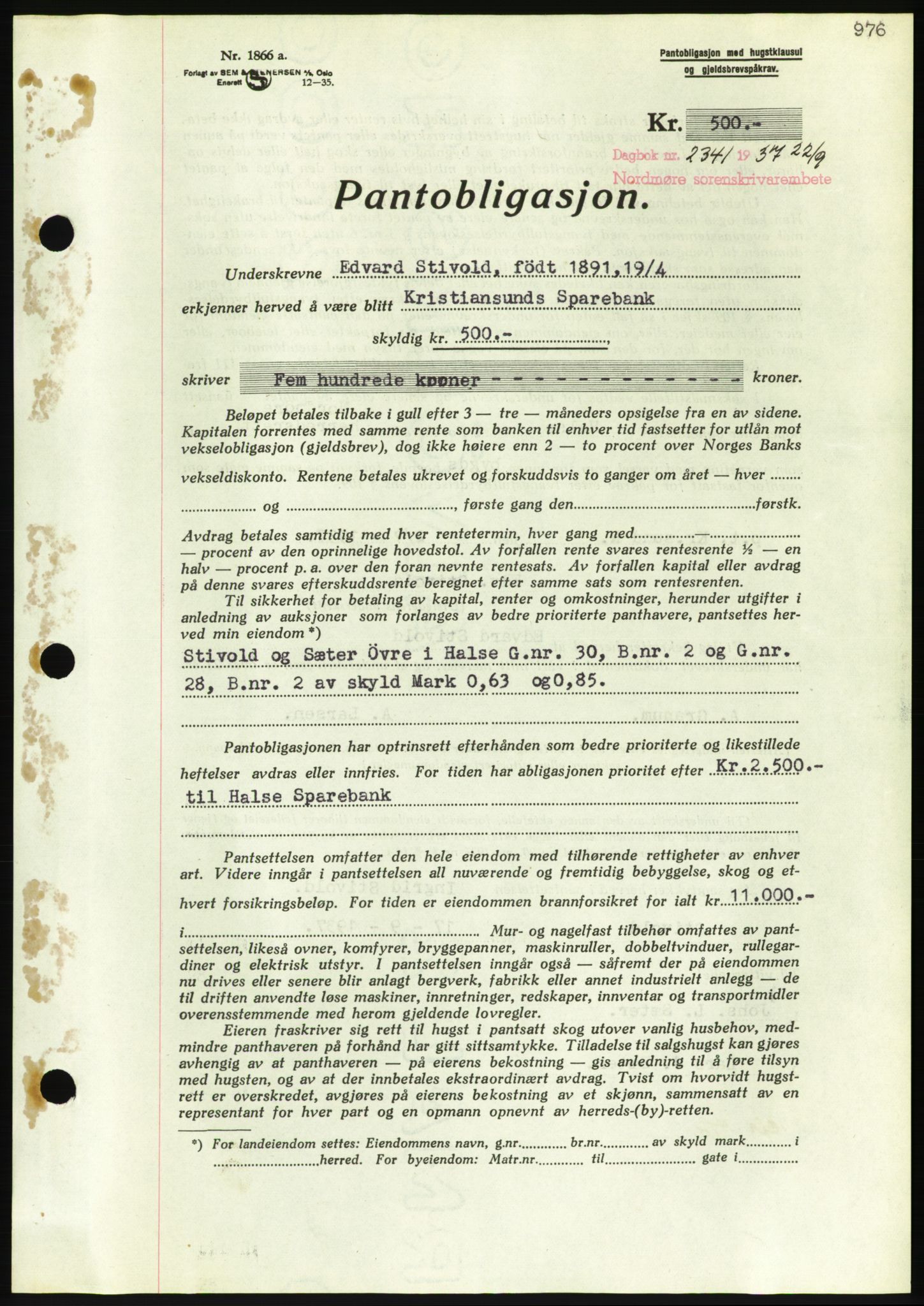 Nordmøre sorenskriveri, AV/SAT-A-4132/1/2/2Ca/L0091: Mortgage book no. B81, 1937-1937, Diary no: : 2341/1937