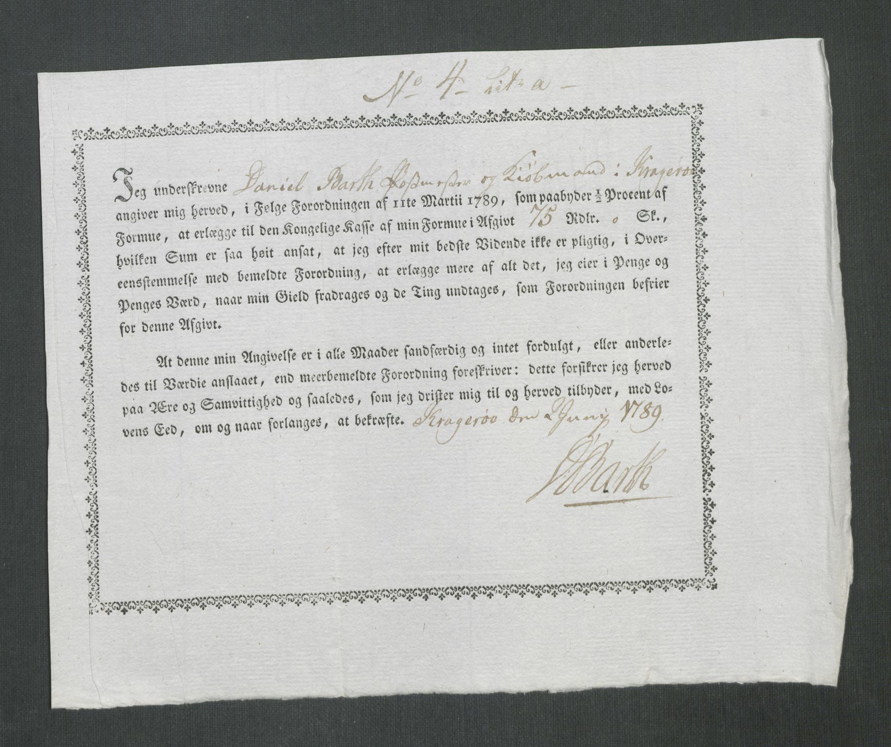 Rentekammeret inntil 1814, Reviderte regnskaper, Mindre regnskaper, AV/RA-EA-4068/Rf/Rfe/L0020: Kongsberg, Kragerø, Larvik, 1789, p. 220