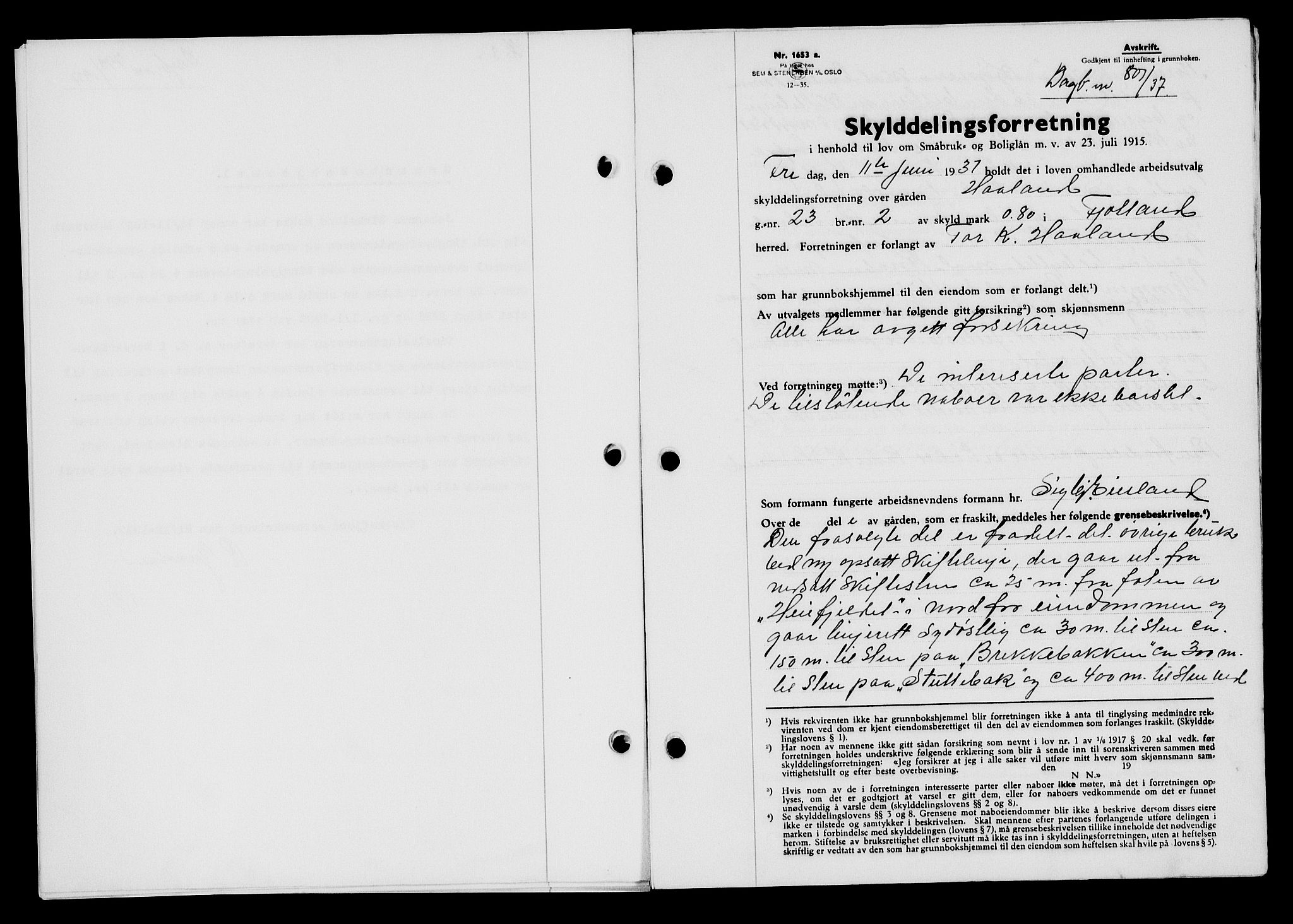 Flekkefjord sorenskriveri, SAK/1221-0001/G/Gb/Gba/L0054: Mortgage book no. A-2, 1937-1938, Diary no: : 801/1937