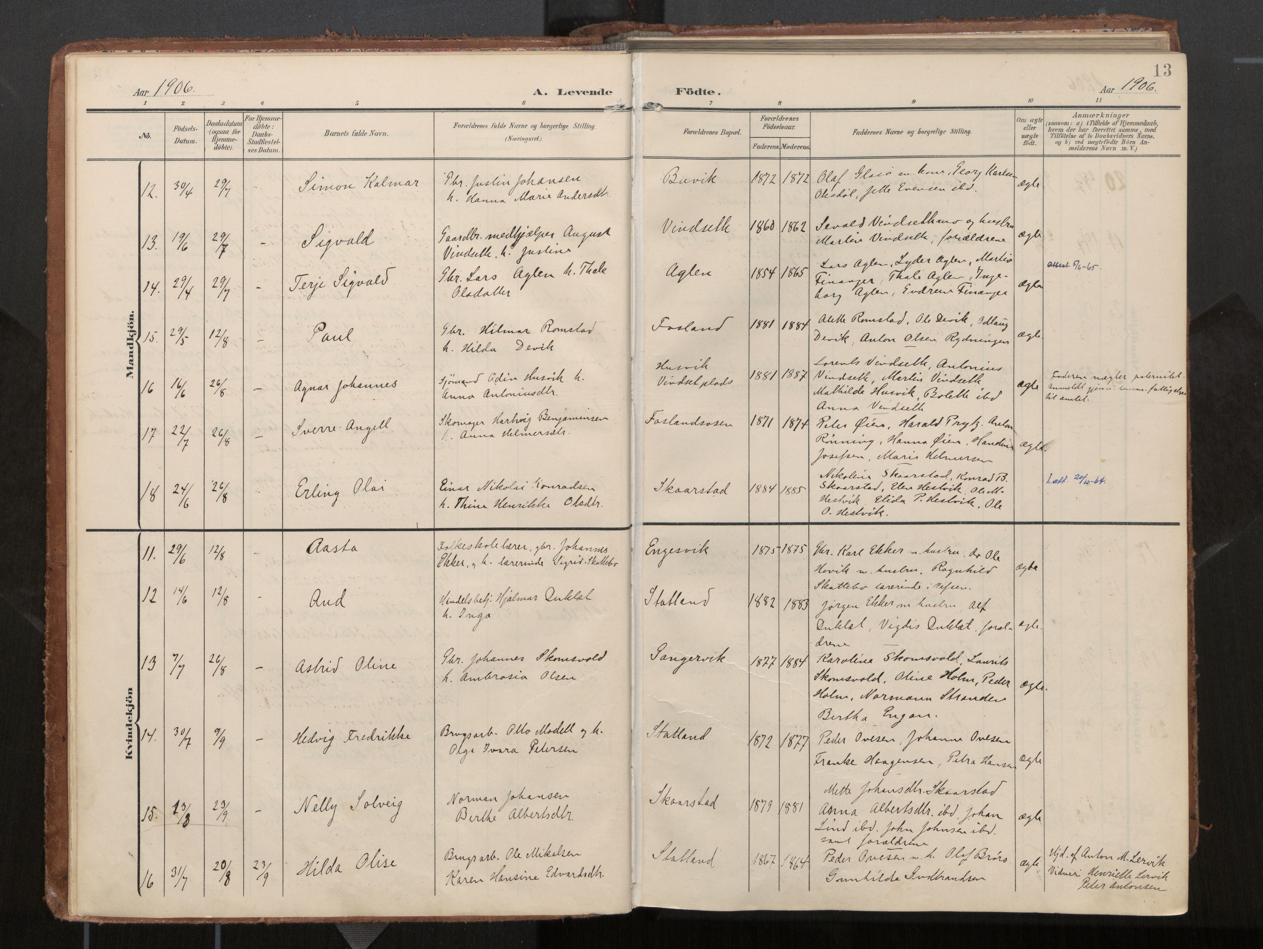 Ministerialprotokoller, klokkerbøker og fødselsregistre - Nord-Trøndelag, AV/SAT-A-1458/774/L0629: Parish register (official), 1904-1926, p. 13