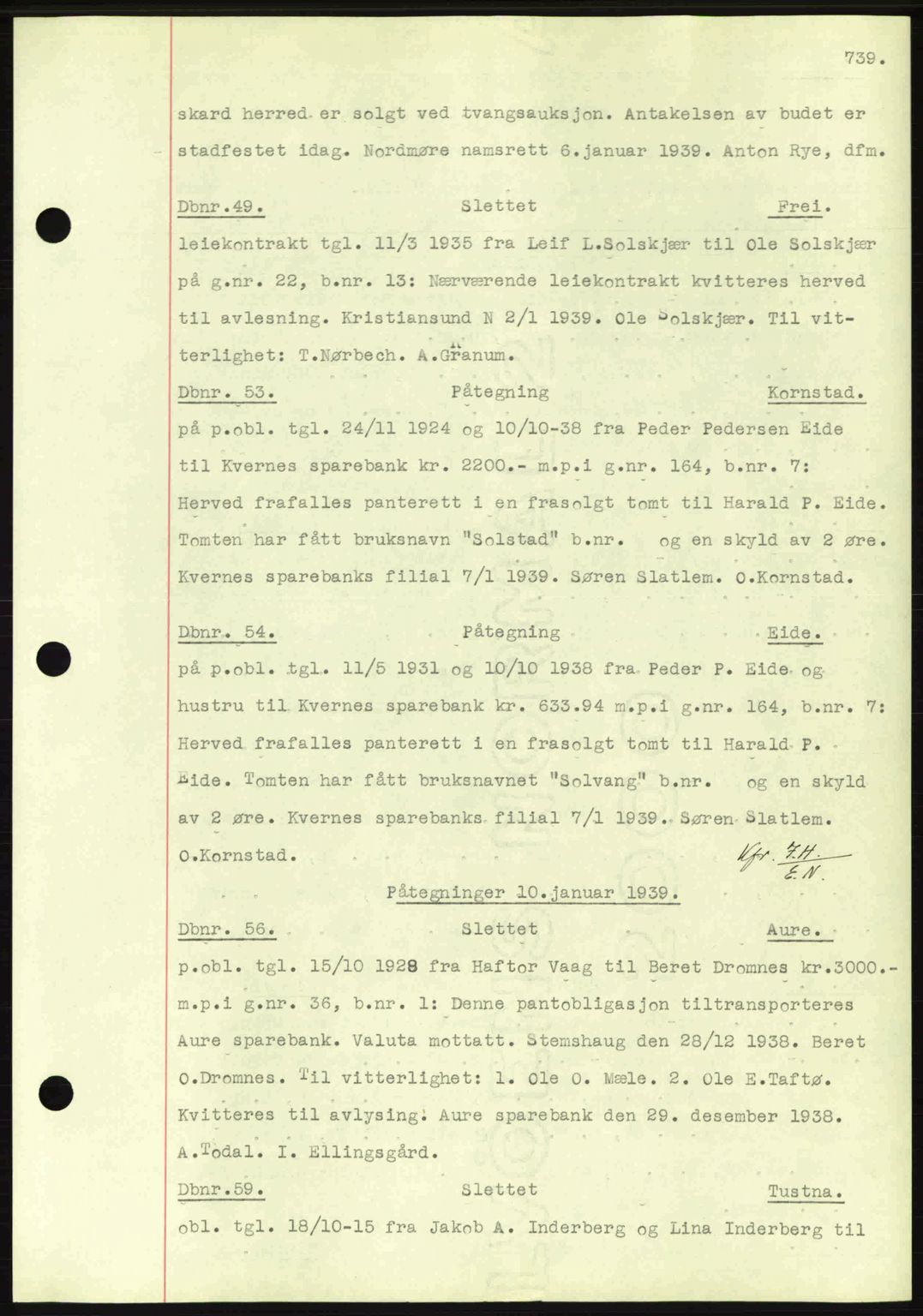 Nordmøre sorenskriveri, AV/SAT-A-4132/1/2/2Ca: Mortgage book no. C80, 1936-1939, Diary no: : 49/1939