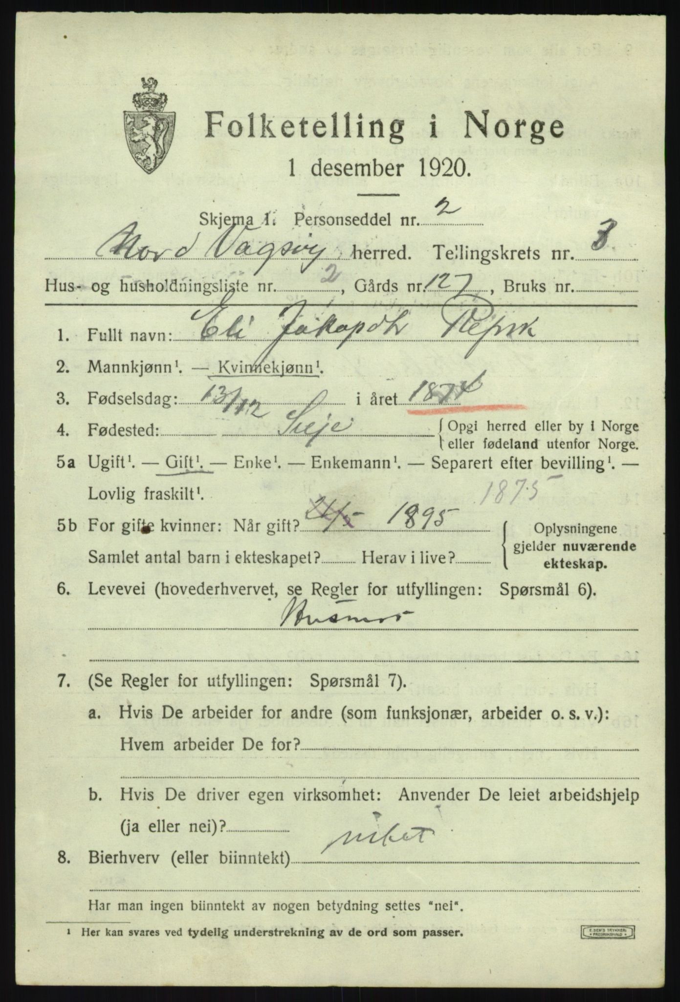 SAB, 1920 census for Nord-Vågsøy, 1920, p. 1038