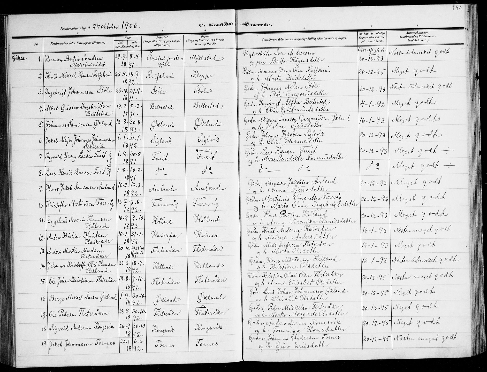 Tysnes sokneprestembete, AV/SAB-A-78601/H/Haa: Parish register (official) no. D 2, 1905-1922, p. 144