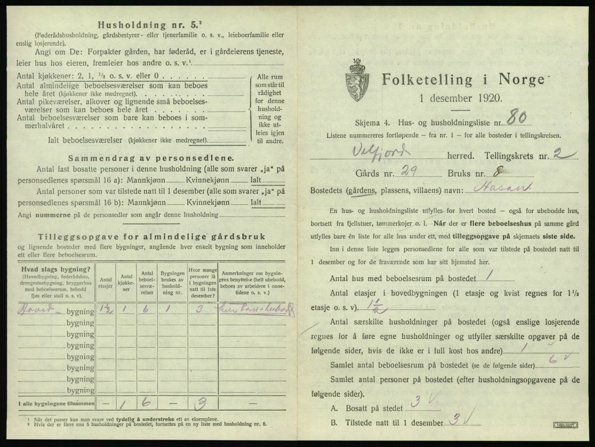 SAT, 1920 census for Velfjord, 1920, p. 313