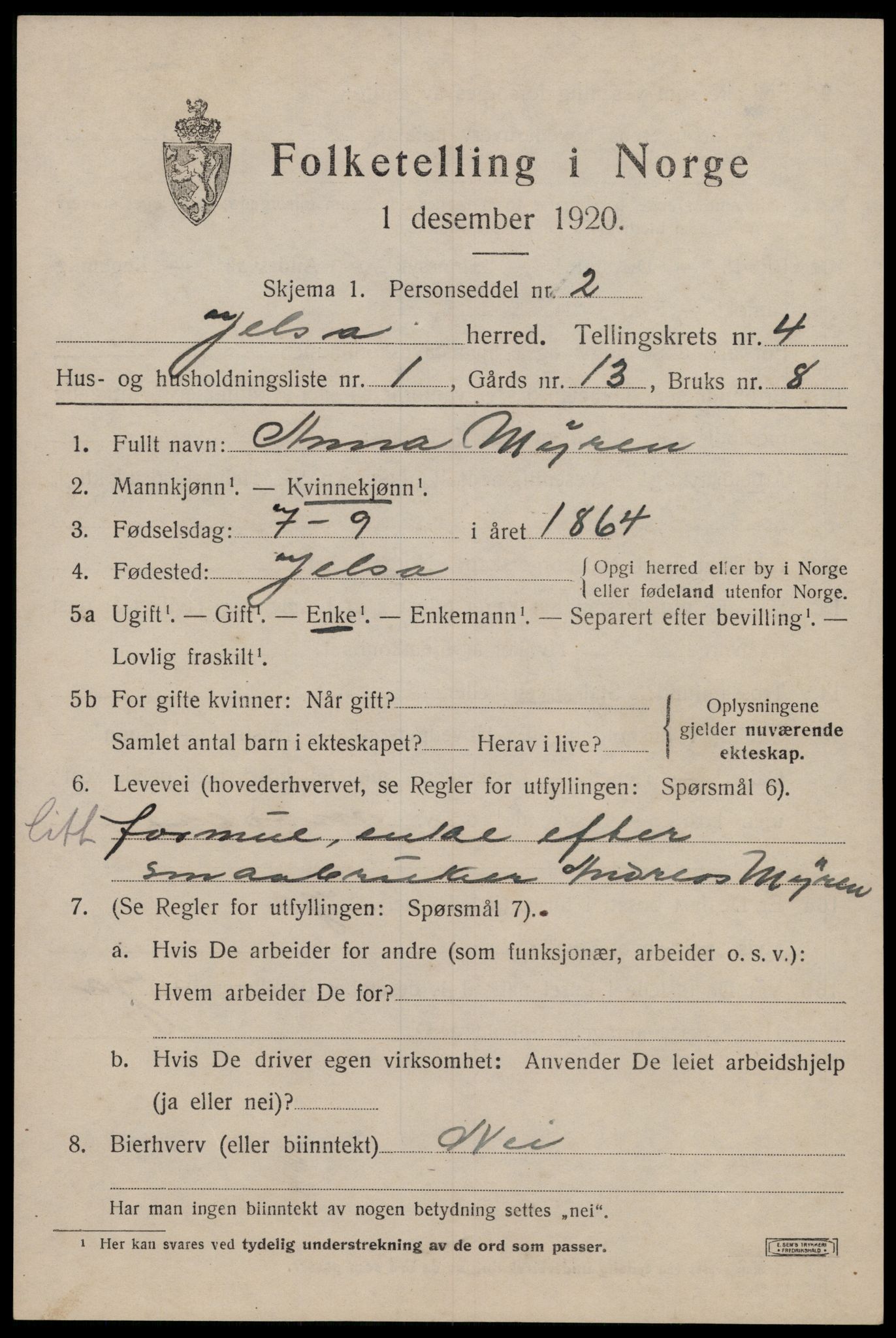 SAST, 1920 census for Jelsa, 1920, p. 1180