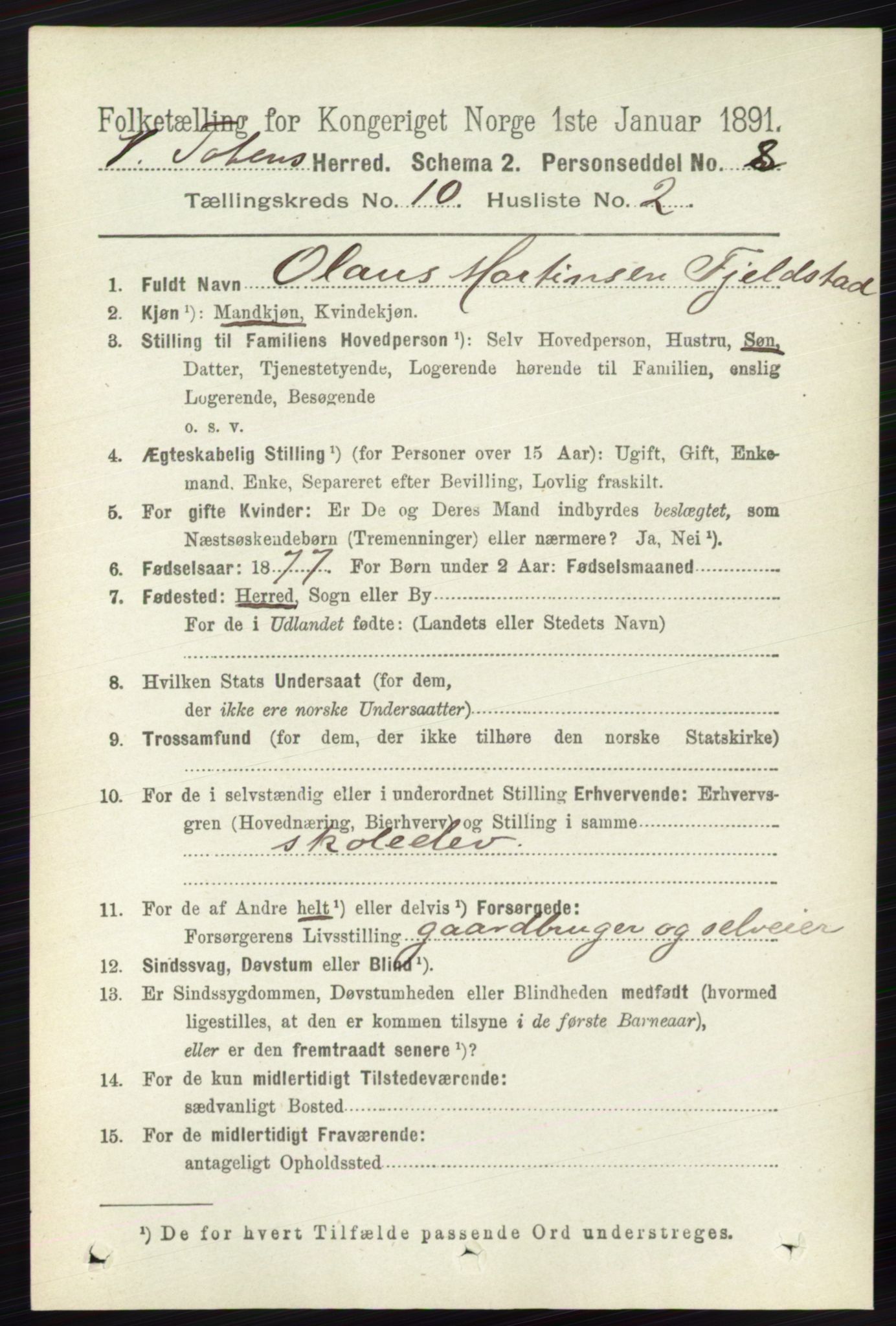 RA, 1891 census for 0529 Vestre Toten, 1891, p. 6195