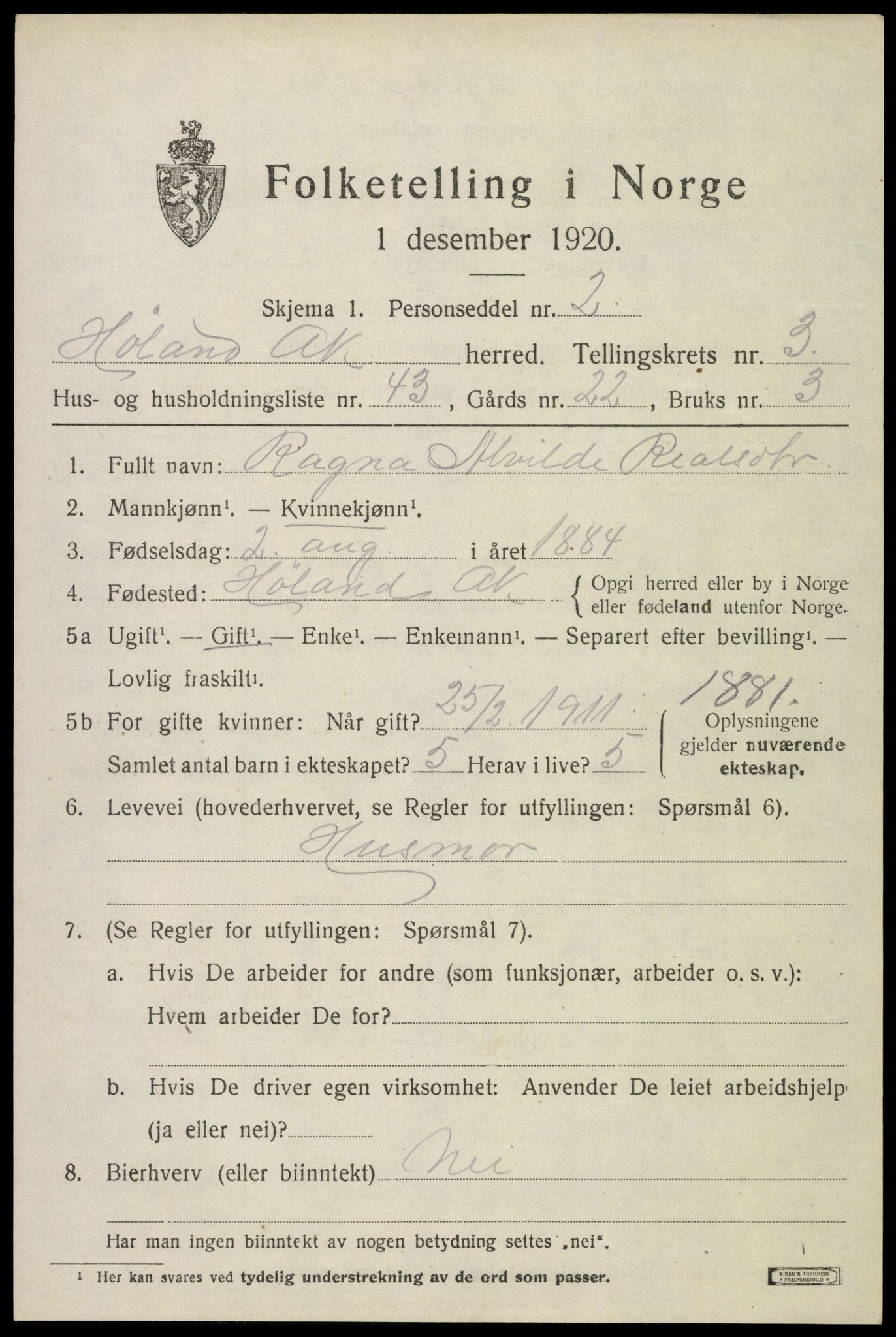 SAO, 1920 census for Høland, 1920, p. 5523