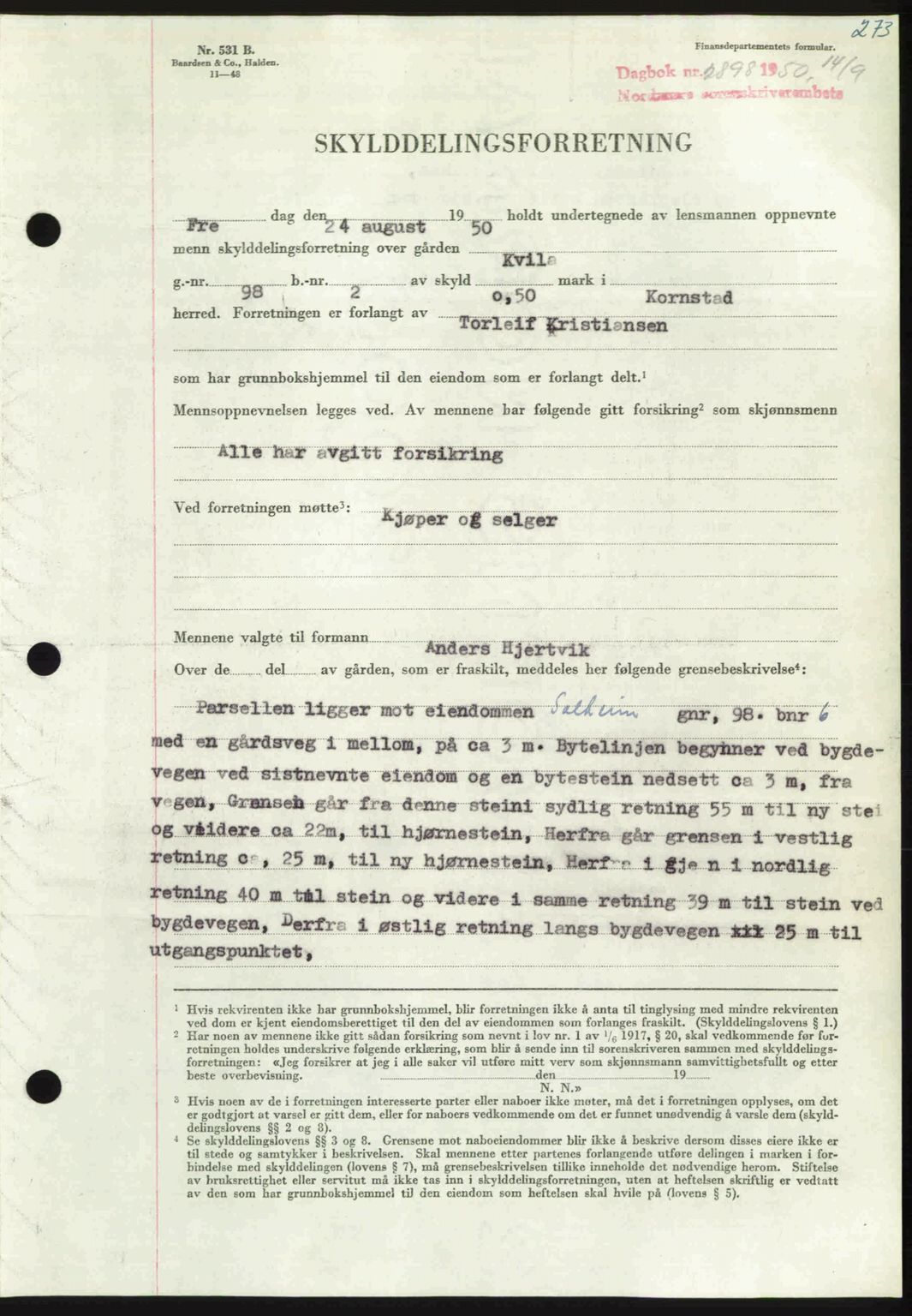 Nordmøre sorenskriveri, AV/SAT-A-4132/1/2/2Ca: Mortgage book no. A116, 1950-1950, Diary no: : 2898/1950