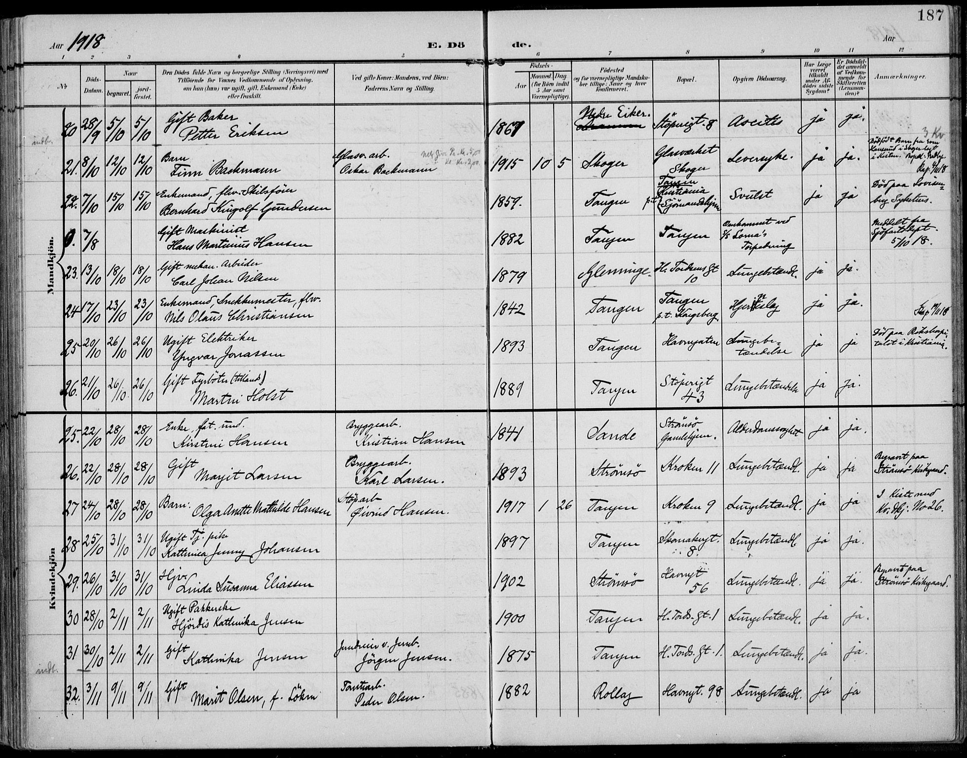 Strømsø kirkebøker, AV/SAKO-A-246/F/Fb/L0008: Parish register (official) no. II 8, 1902-1933, p. 187