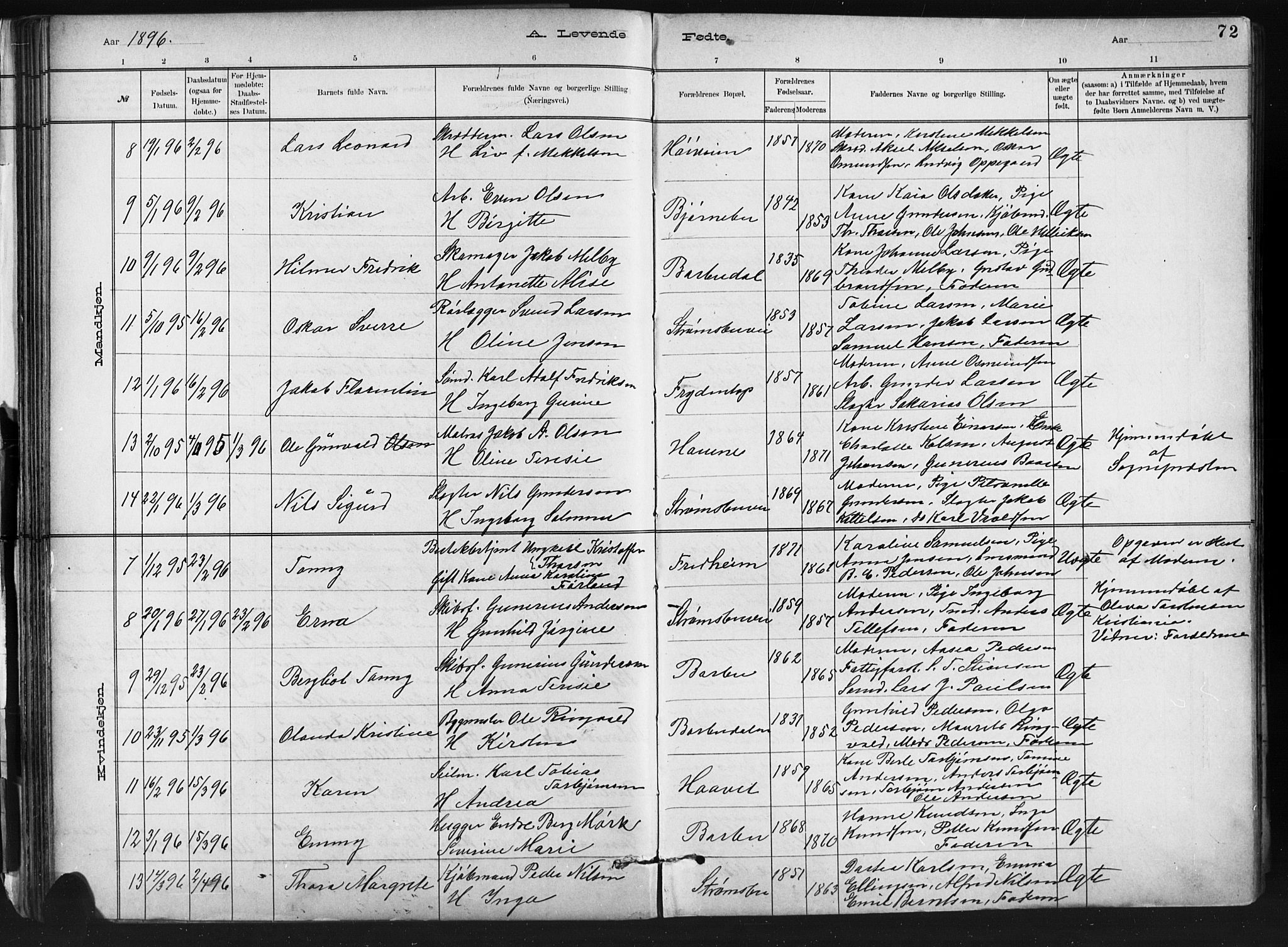 Barbu sokneprestkontor, AV/SAK-1111-0003/F/Fb/L0002: Parish register (copy) no. B 2, 1890-1922, p. 72