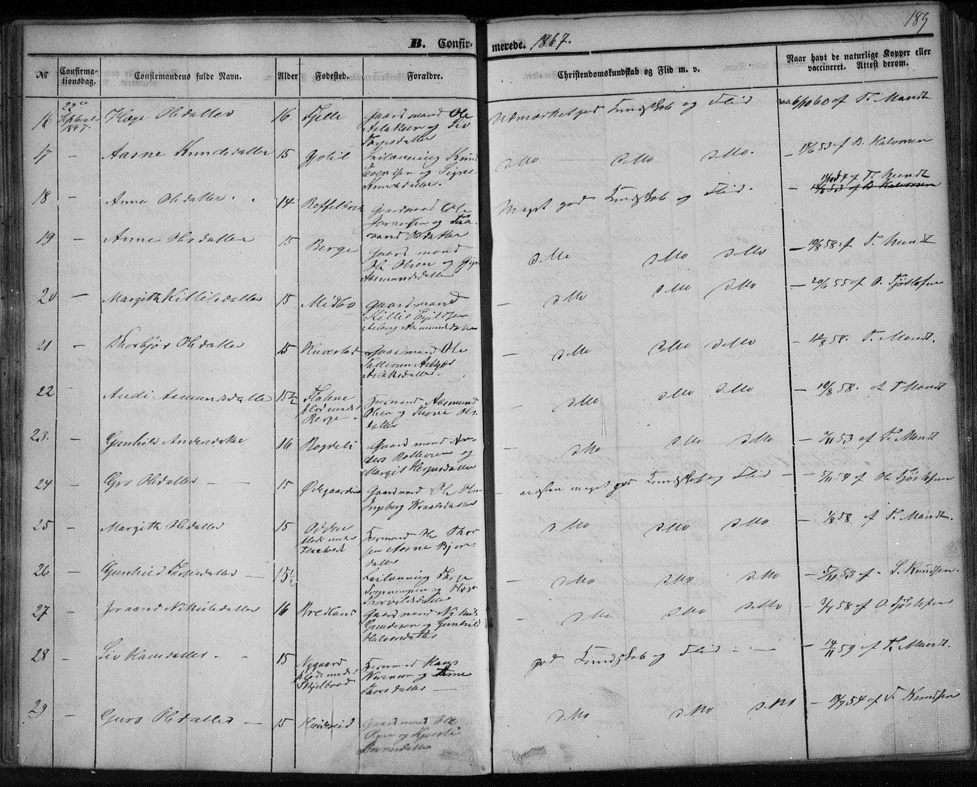 Lårdal kirkebøker, SAKO/A-284/F/Fa/L0006: Parish register (official) no. I 6, 1861-1886, p. 189
