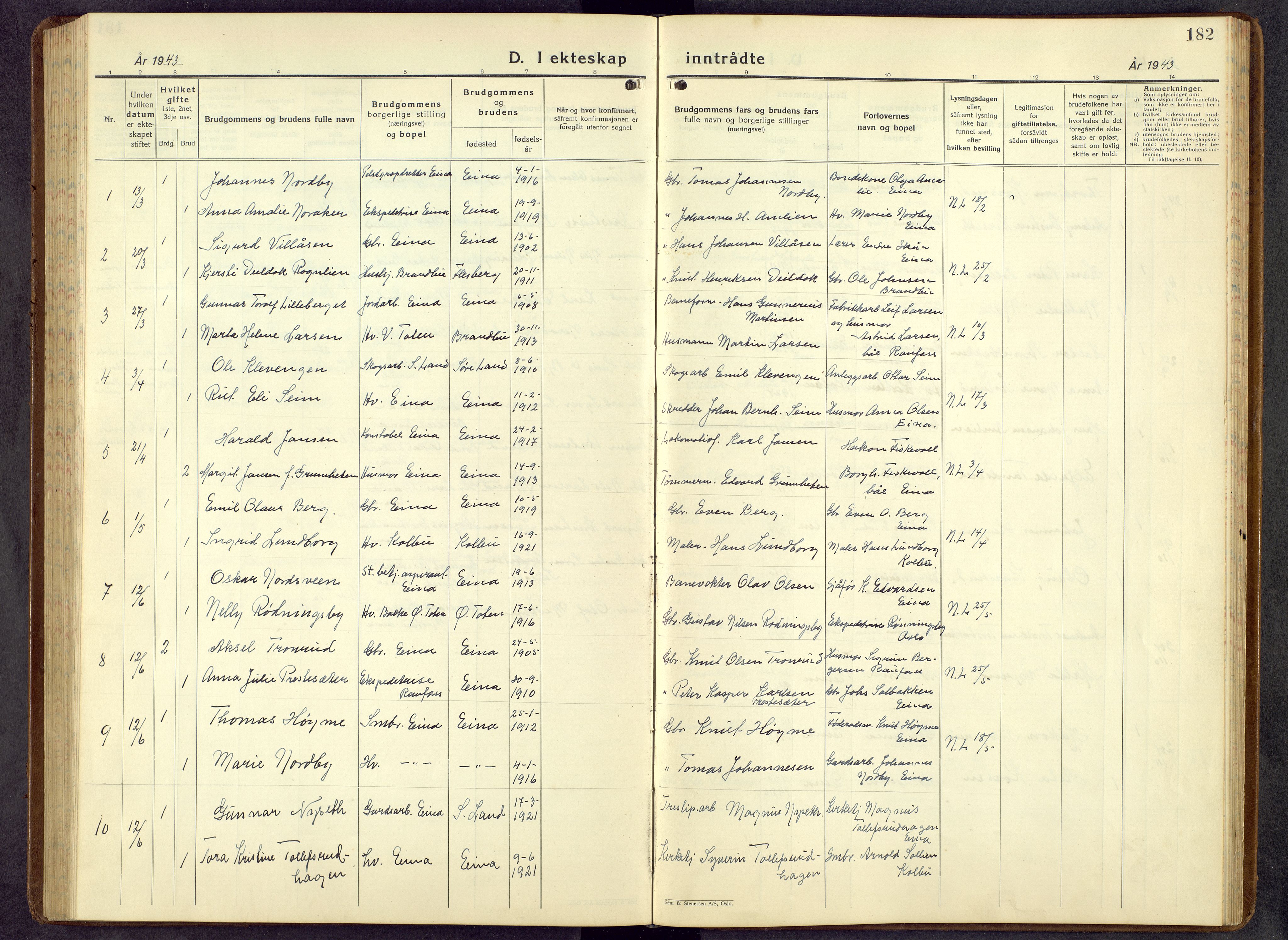 Kolbu prestekontor, AV/SAH-PREST-110/H/Ha/Hab/L0003: Parish register (copy) no. 3, 1935-1966, p. 182