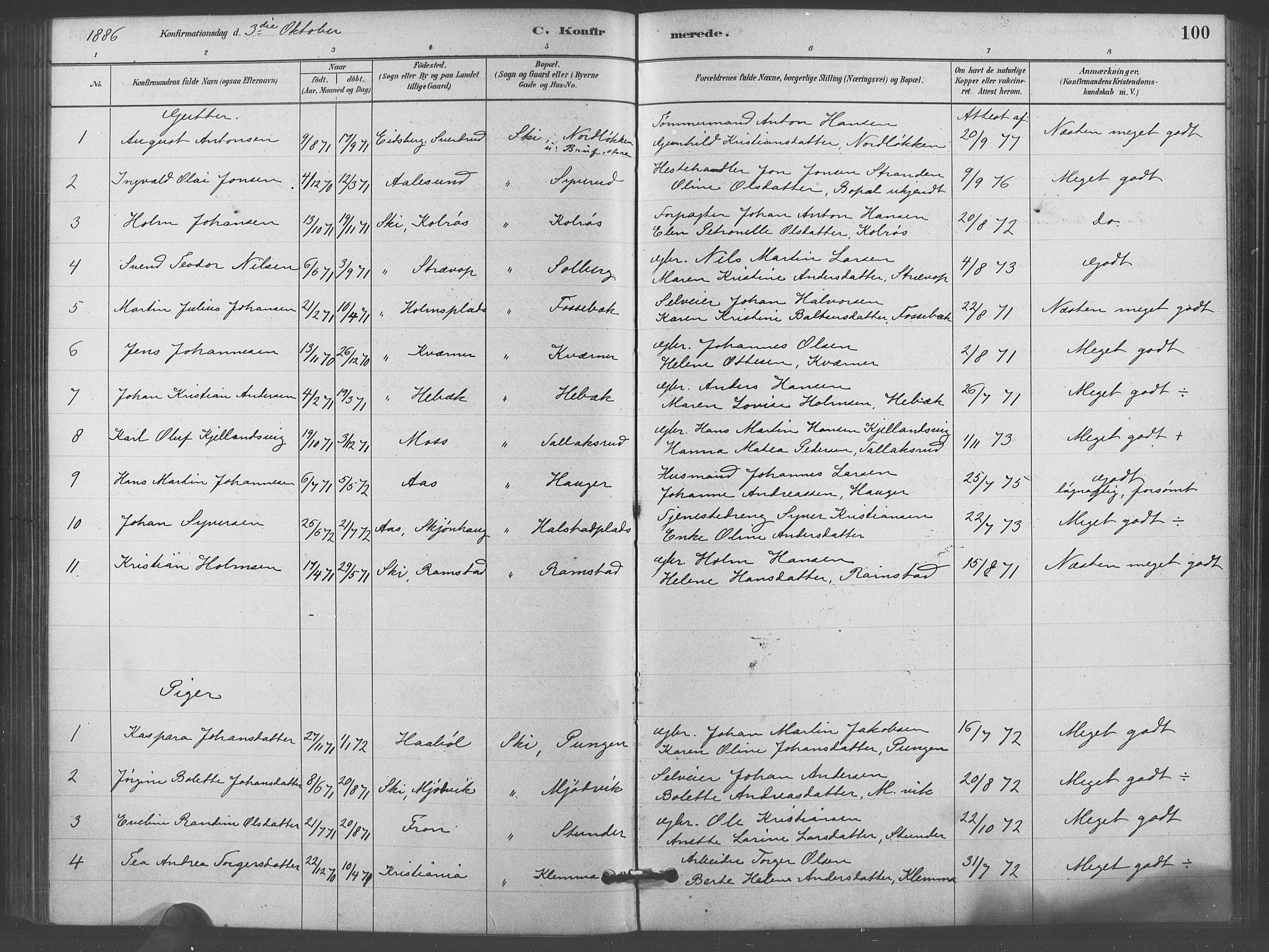 Kråkstad prestekontor Kirkebøker, SAO/A-10125a/F/Fb/L0001: Parish register (official) no. II 1, 1880-1892, p. 100