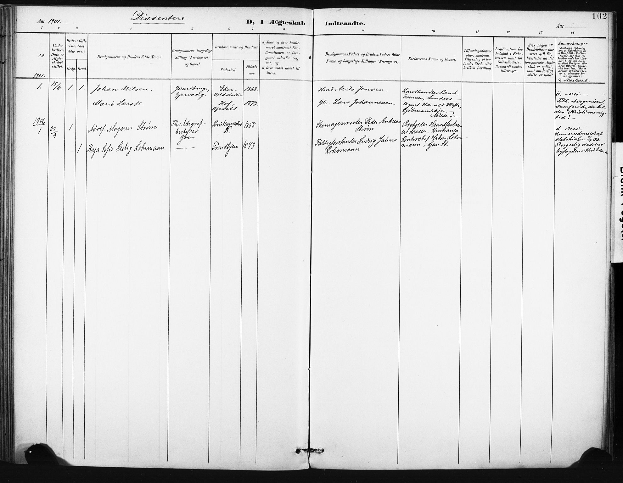 Tjøme kirkebøker, AV/SAKO-A-328/F/Fa/L0005: Parish register (official) no. I 5, 1901-1909, p. 102