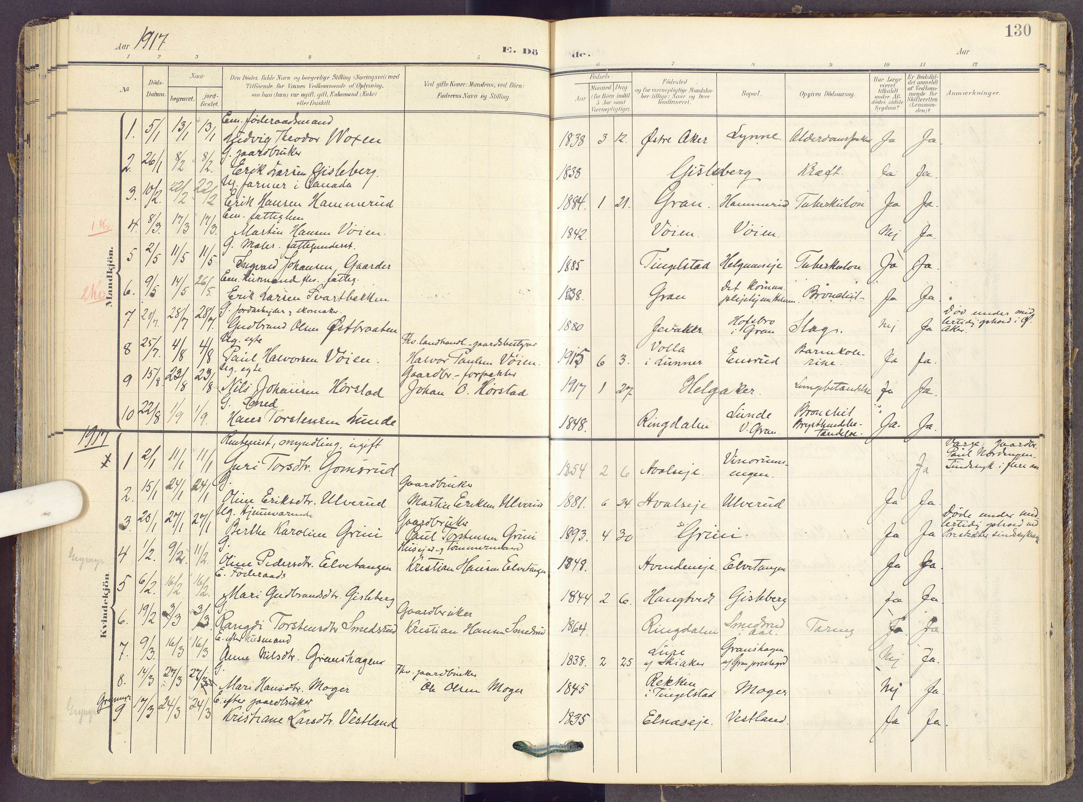 Gran prestekontor, SAH/PREST-112/H/Ha/Haa/L0022: Parish register (official) no. 22, 1908-1918, p. 130