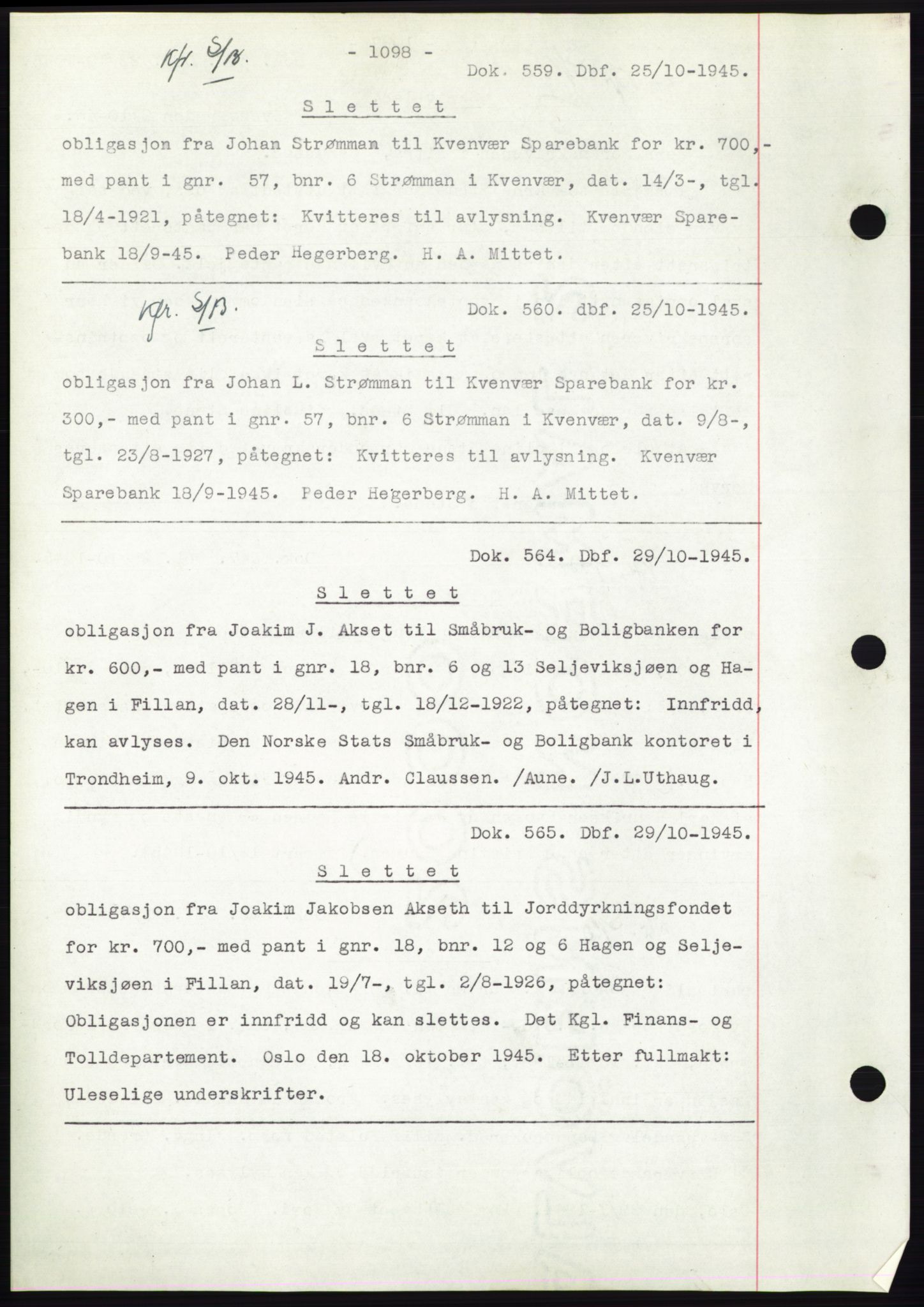 Hitra sorenskriveri, AV/SAT-A-0018/2/2C/2Ca: Mortgage book no. C1, 1936-1945, Diary no: : 559/1945