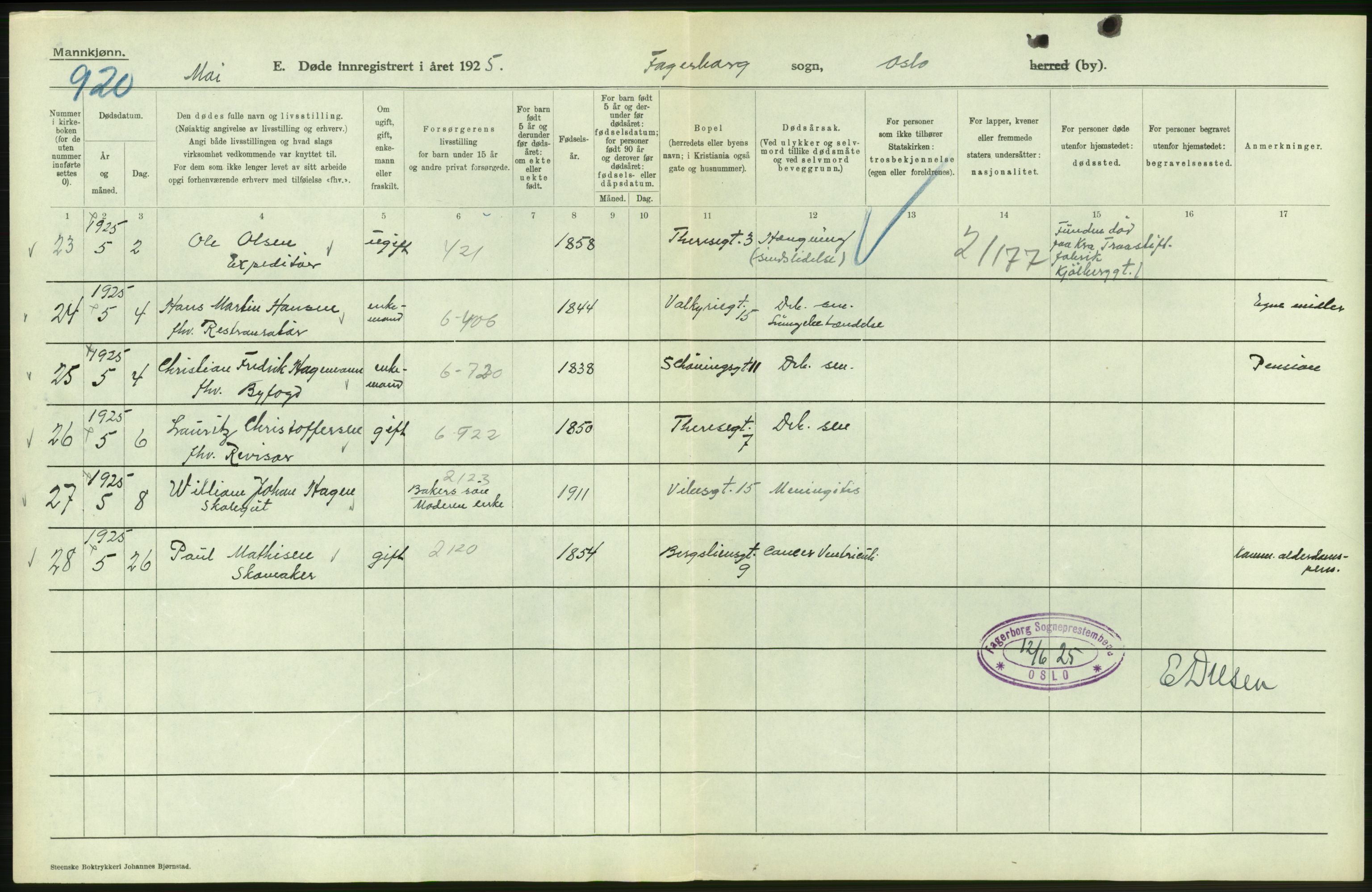 Statistisk sentralbyrå, Sosiodemografiske emner, Befolkning, AV/RA-S-2228/D/Df/Dfc/Dfce/L0009: Oslo: Døde menn, 1925, p. 262