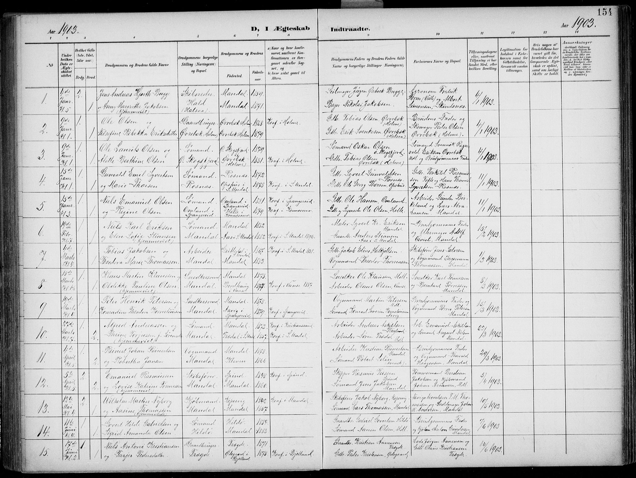 Mandal sokneprestkontor, AV/SAK-1111-0030/F/Fb/Fba/L0012: Parish register (copy) no. B 6, 1899-1918, p. 154