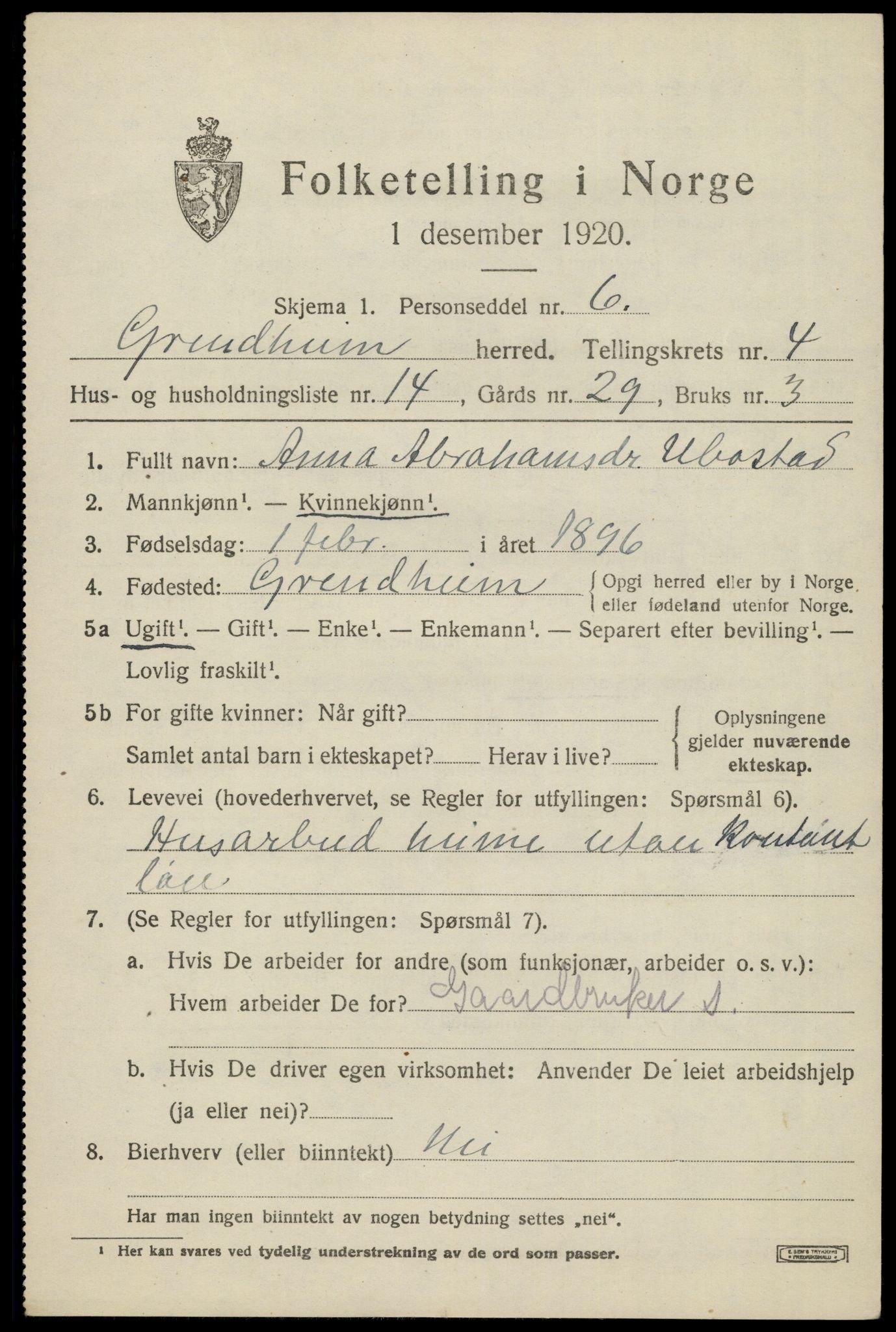 SAK, 1920 census for Grindheim, 1920, p. 1601