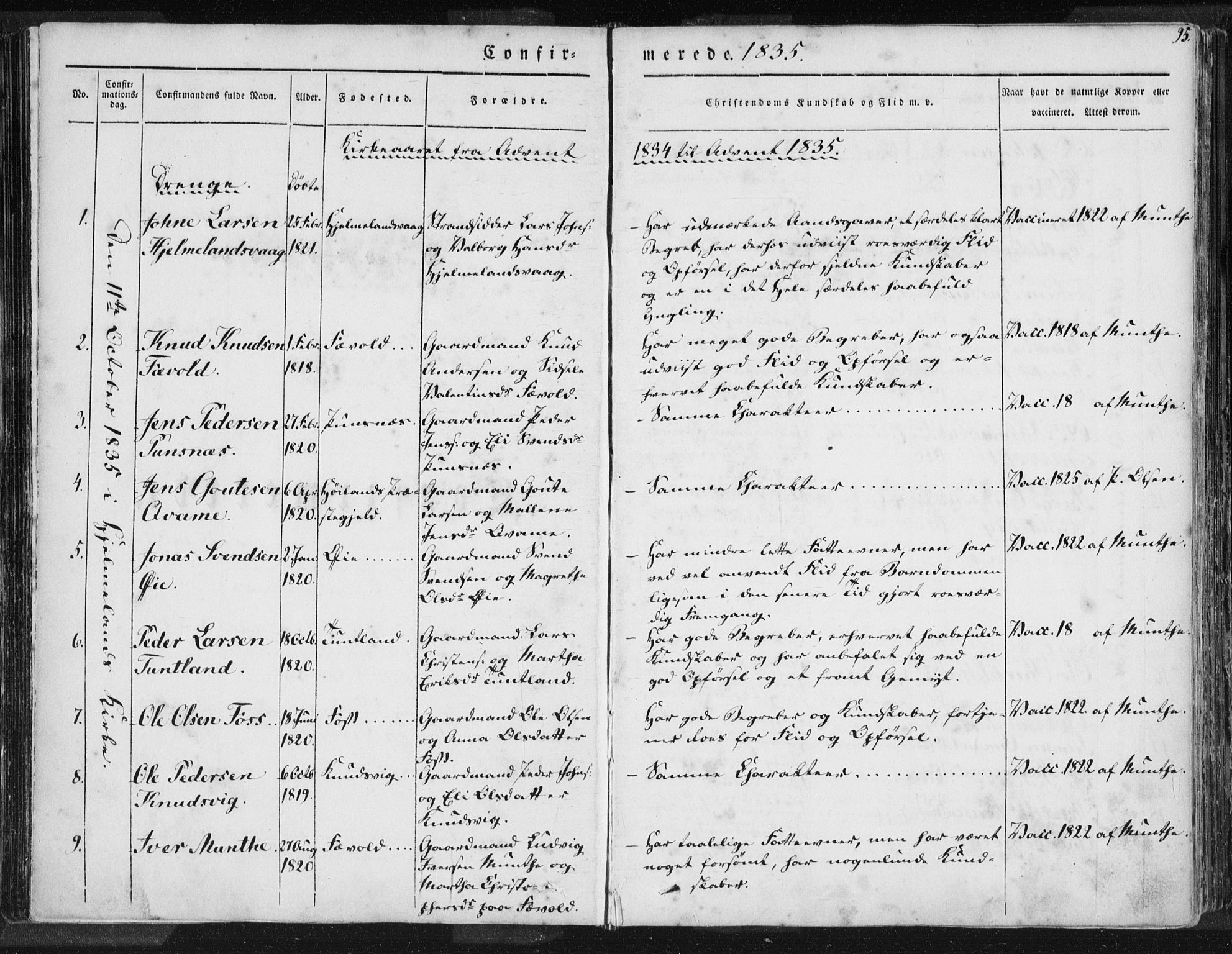 Hjelmeland sokneprestkontor, AV/SAST-A-101843/01/IV/L0006: Parish register (official) no. A 6, 1834-1845, p. 95