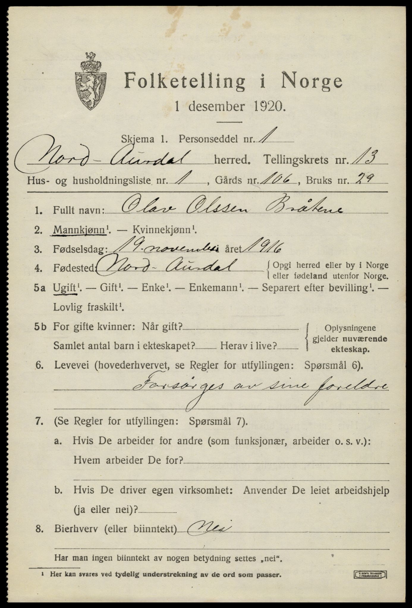 SAH, 1920 census for Nord-Aurdal, 1920, p. 10460