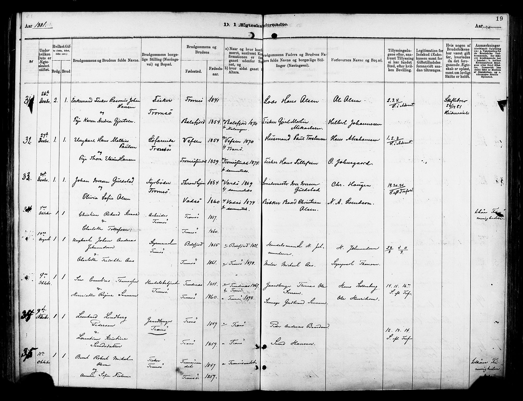 Tromsø sokneprestkontor/stiftsprosti/domprosti, SATØ/S-1343/G/Ga/L0014kirke: Parish register (official) no. 14, 1878-1888, p. 19
