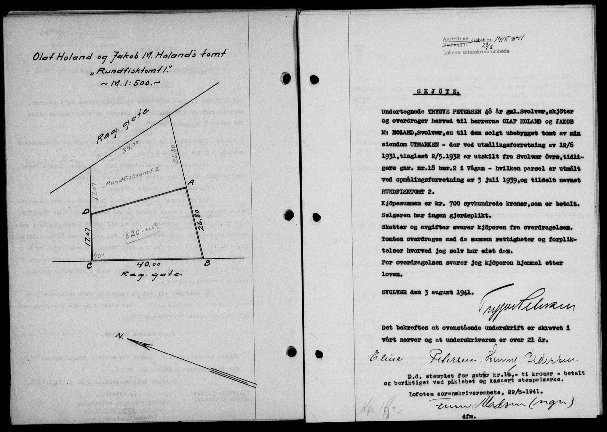 Lofoten sorenskriveri, SAT/A-0017/1/2/2C/L0008a: Mortgage book no. 8a, 1940-1941, Diary no: : 1418/1941