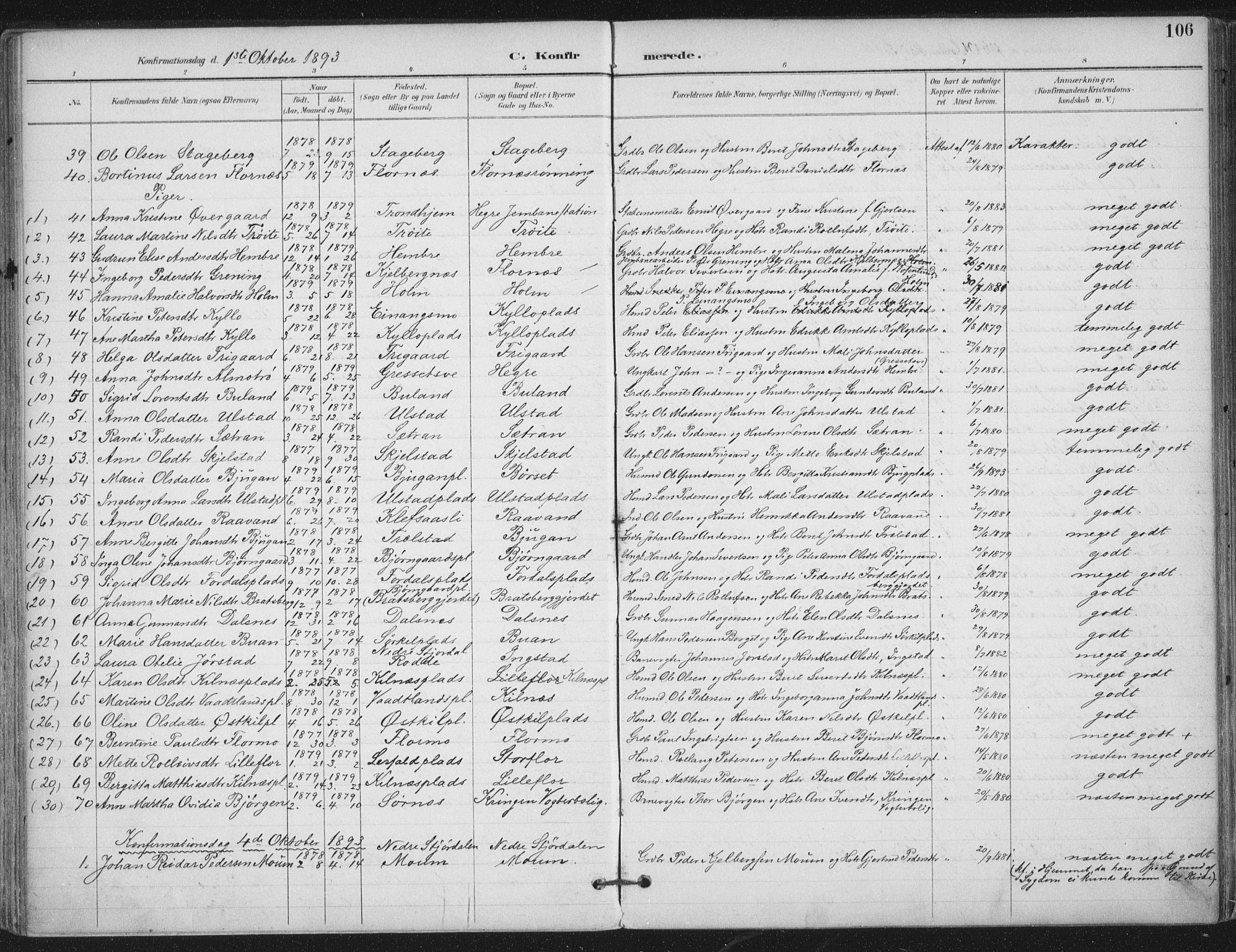 Ministerialprotokoller, klokkerbøker og fødselsregistre - Nord-Trøndelag, SAT/A-1458/703/L0031: Parish register (official) no. 703A04, 1893-1914, p. 106