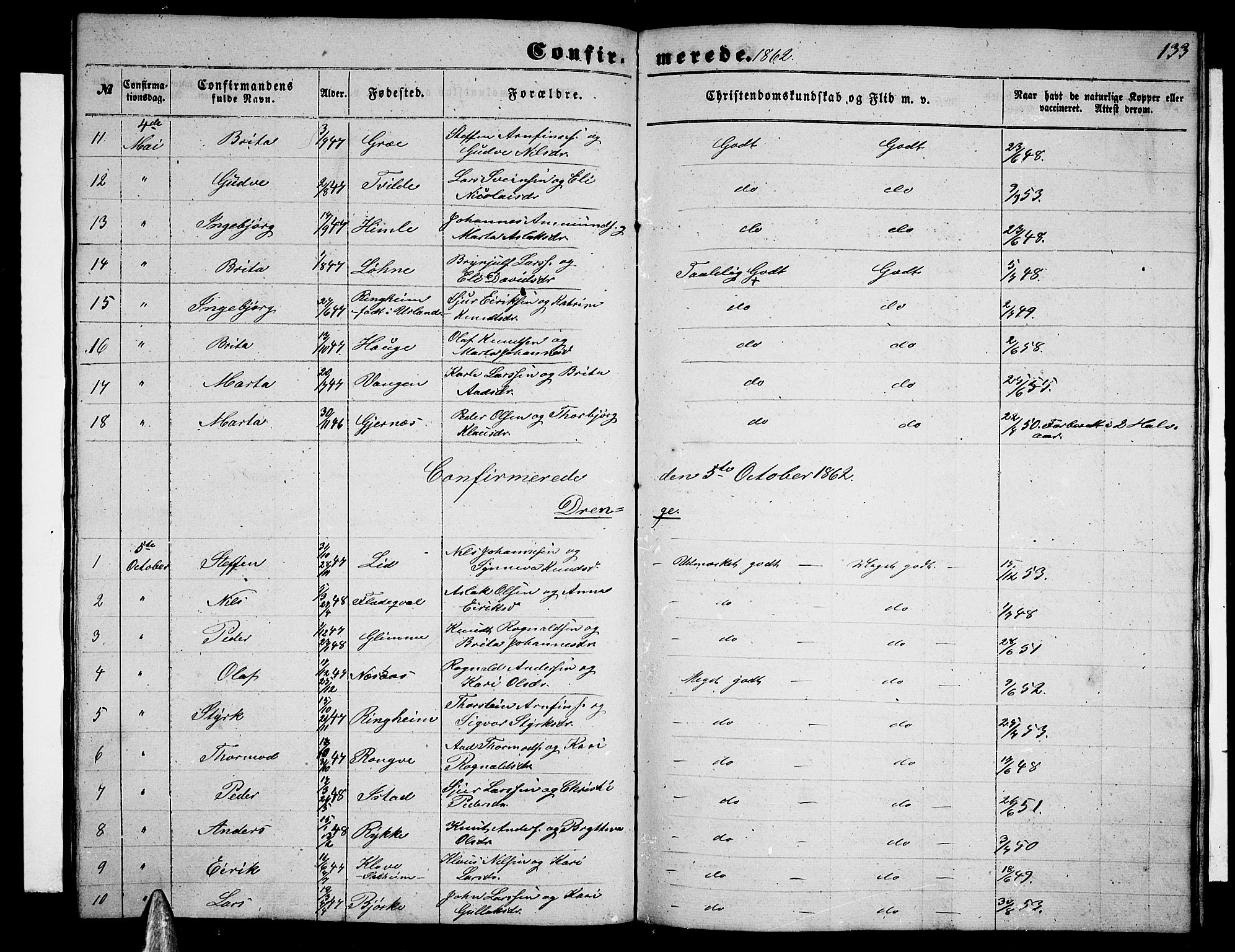Voss sokneprestembete, AV/SAB-A-79001/H/Hab: Parish register (copy) no. B 1, 1855-1869, p. 133
