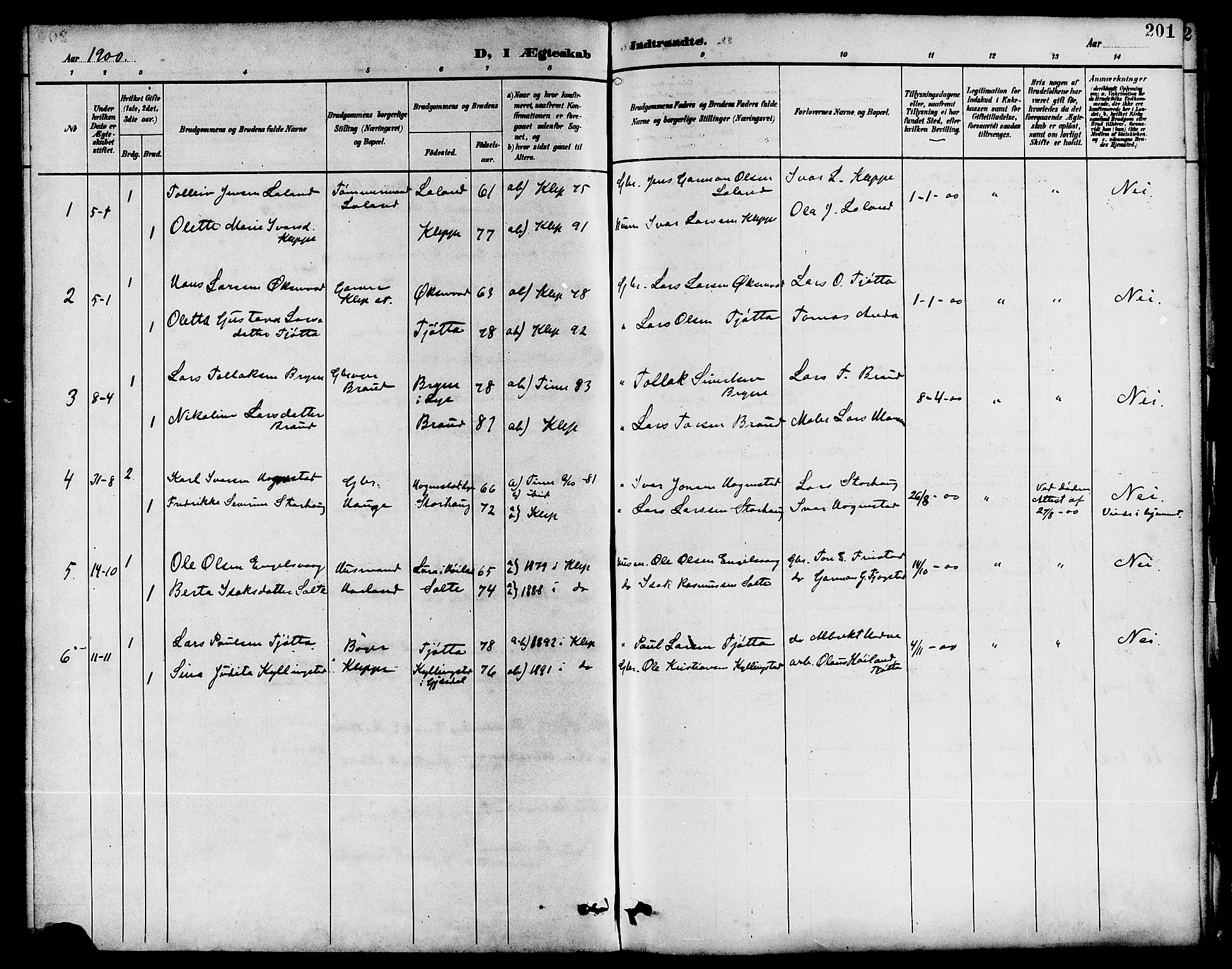 Klepp sokneprestkontor, SAST/A-101803/001/3/30BB/L0004: Parish register (copy) no. B 4, 1889-1914, p. 201