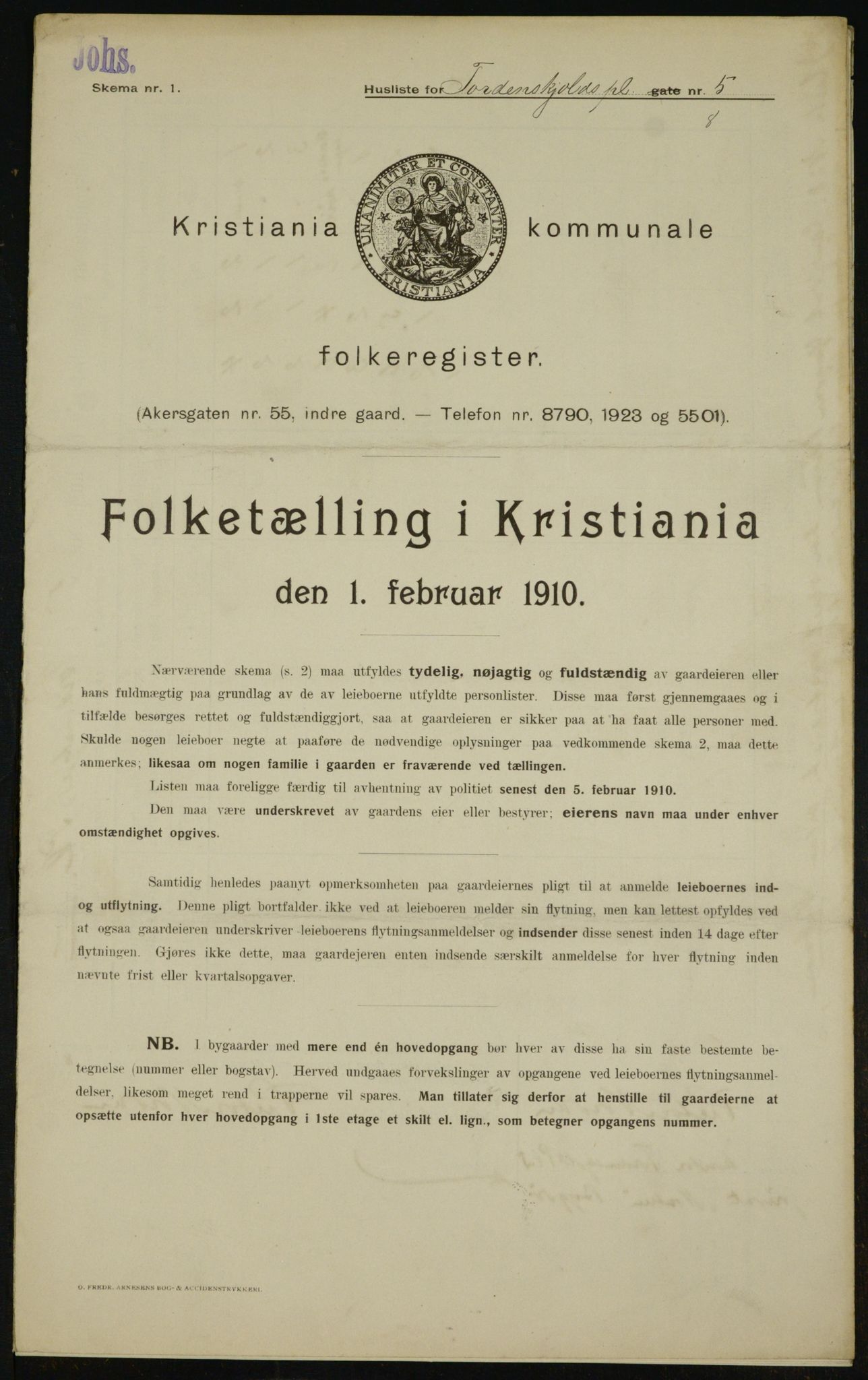 OBA, Municipal Census 1910 for Kristiania, 1910, p. 108085