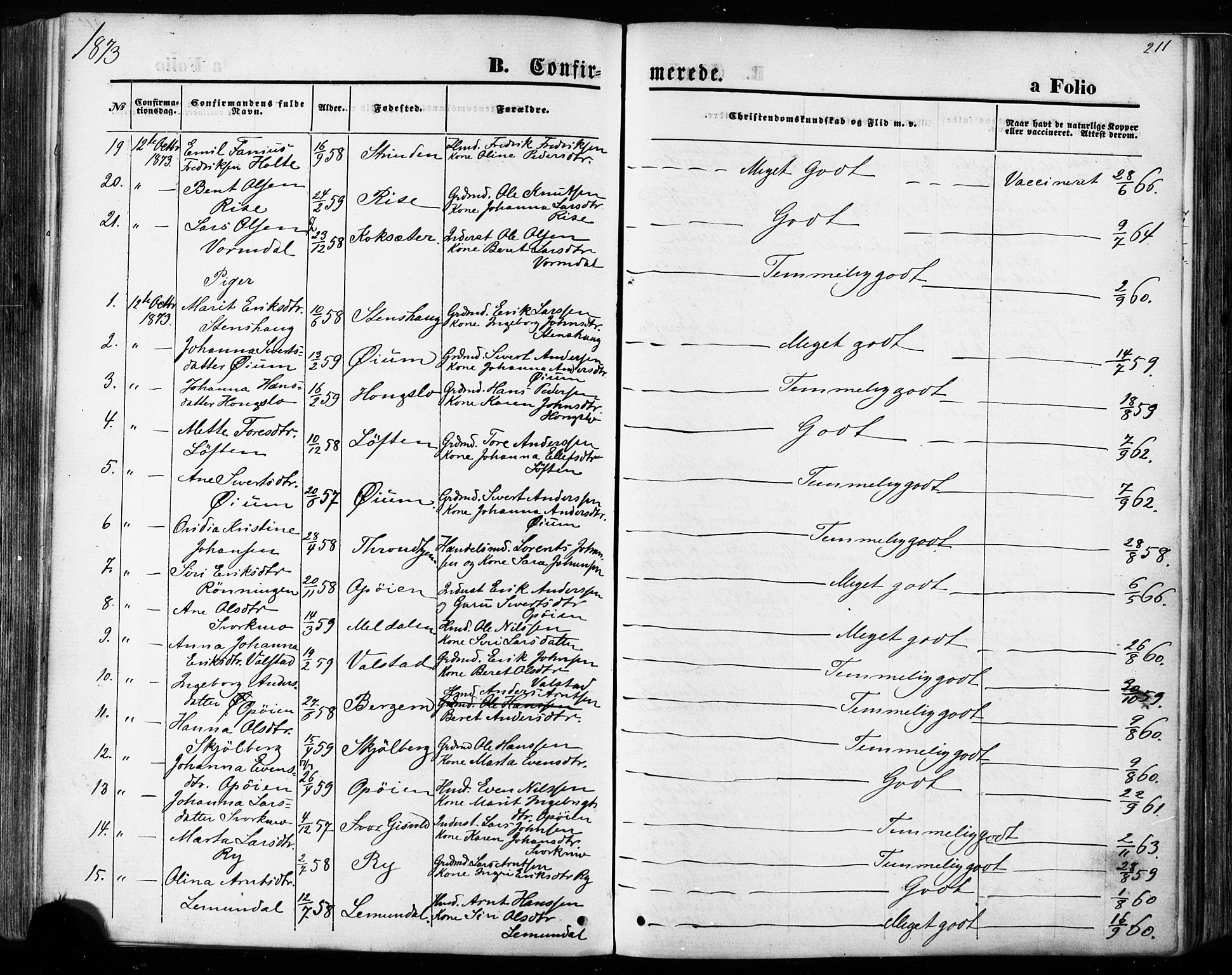 Ministerialprotokoller, klokkerbøker og fødselsregistre - Sør-Trøndelag, AV/SAT-A-1456/668/L0807: Parish register (official) no. 668A07, 1870-1880, p. 211