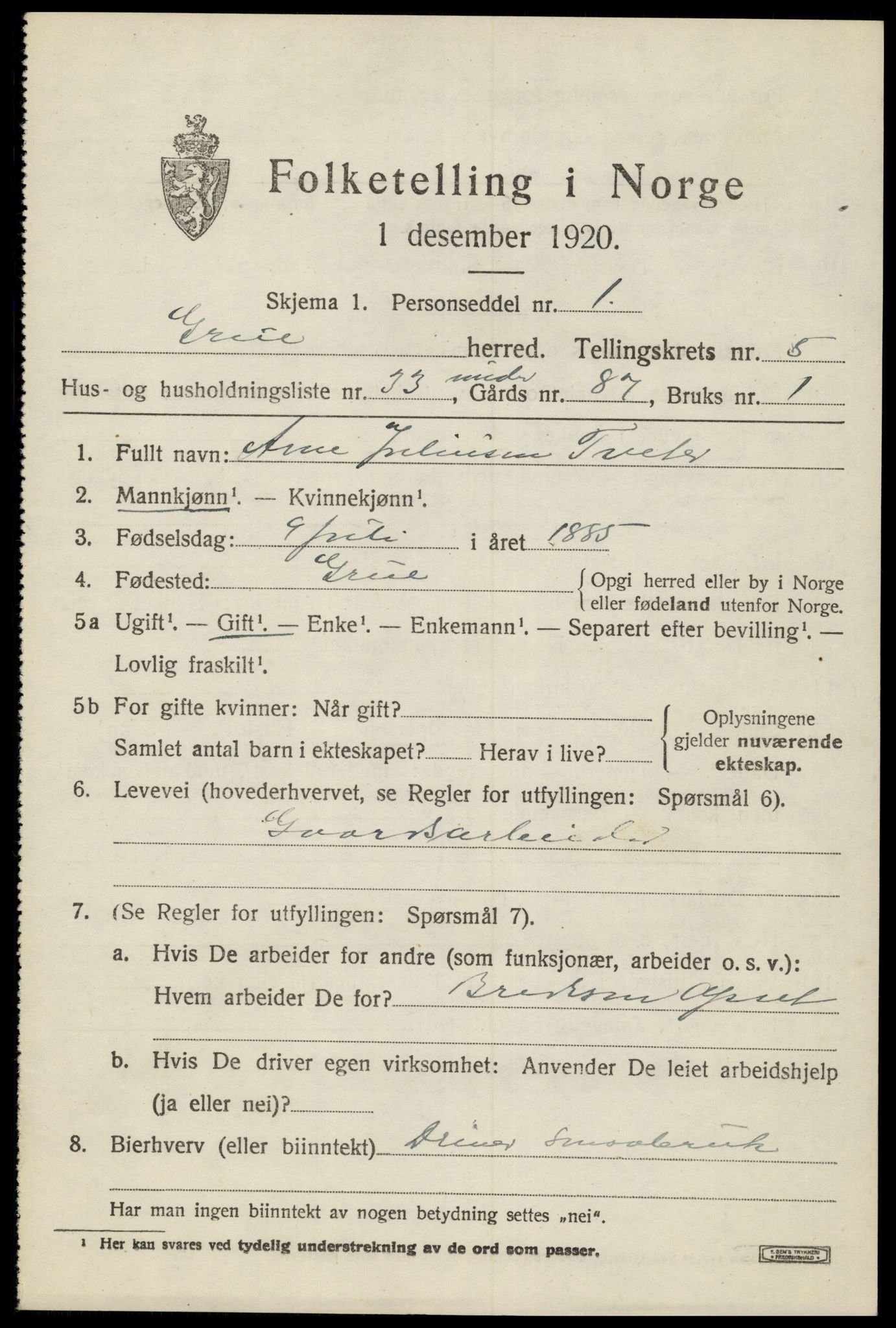 SAH, 1920 census for Grue, 1920, p. 5523