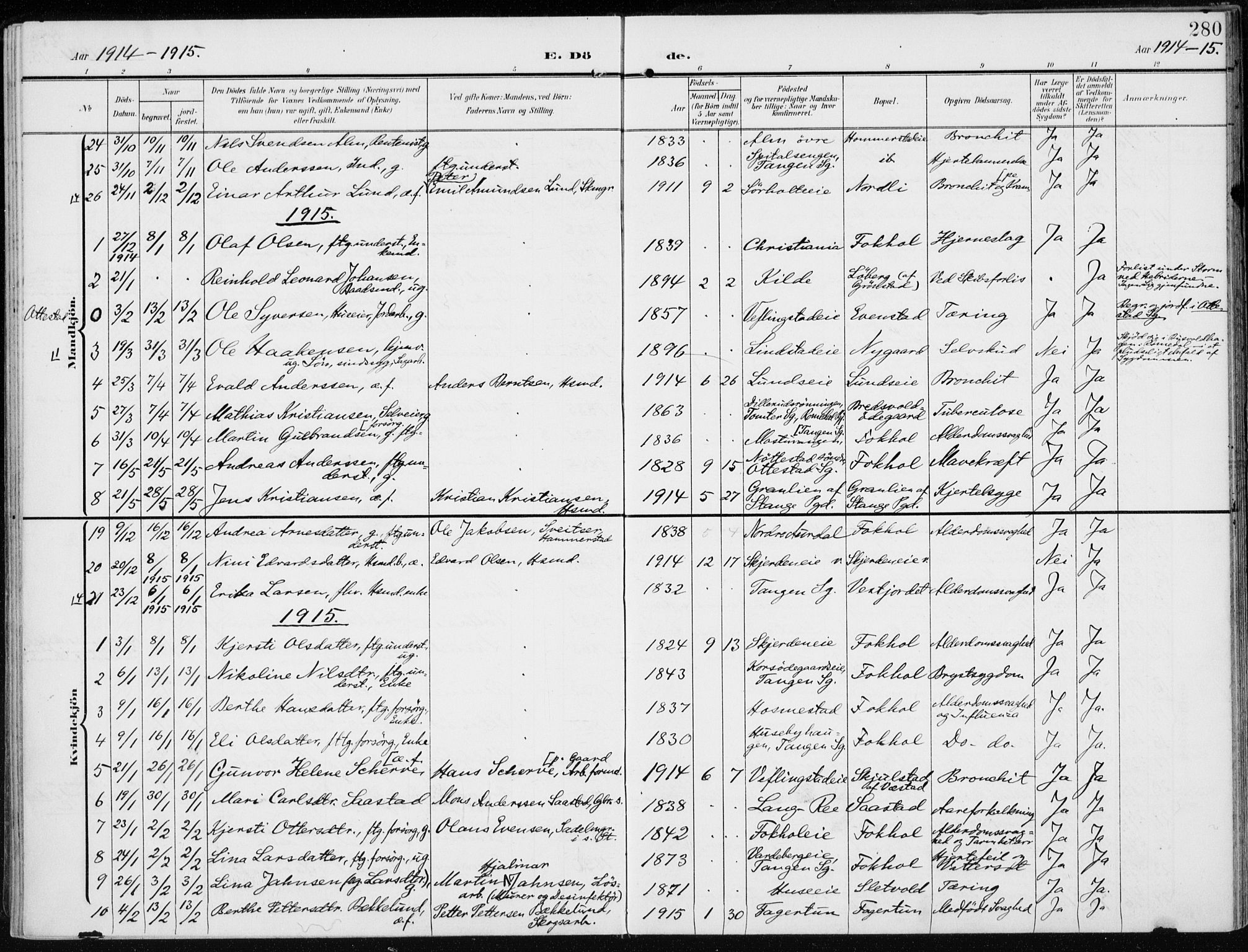 Stange prestekontor, SAH/PREST-002/K/L0024: Parish register (official) no. 24, 1906-1922, p. 280
