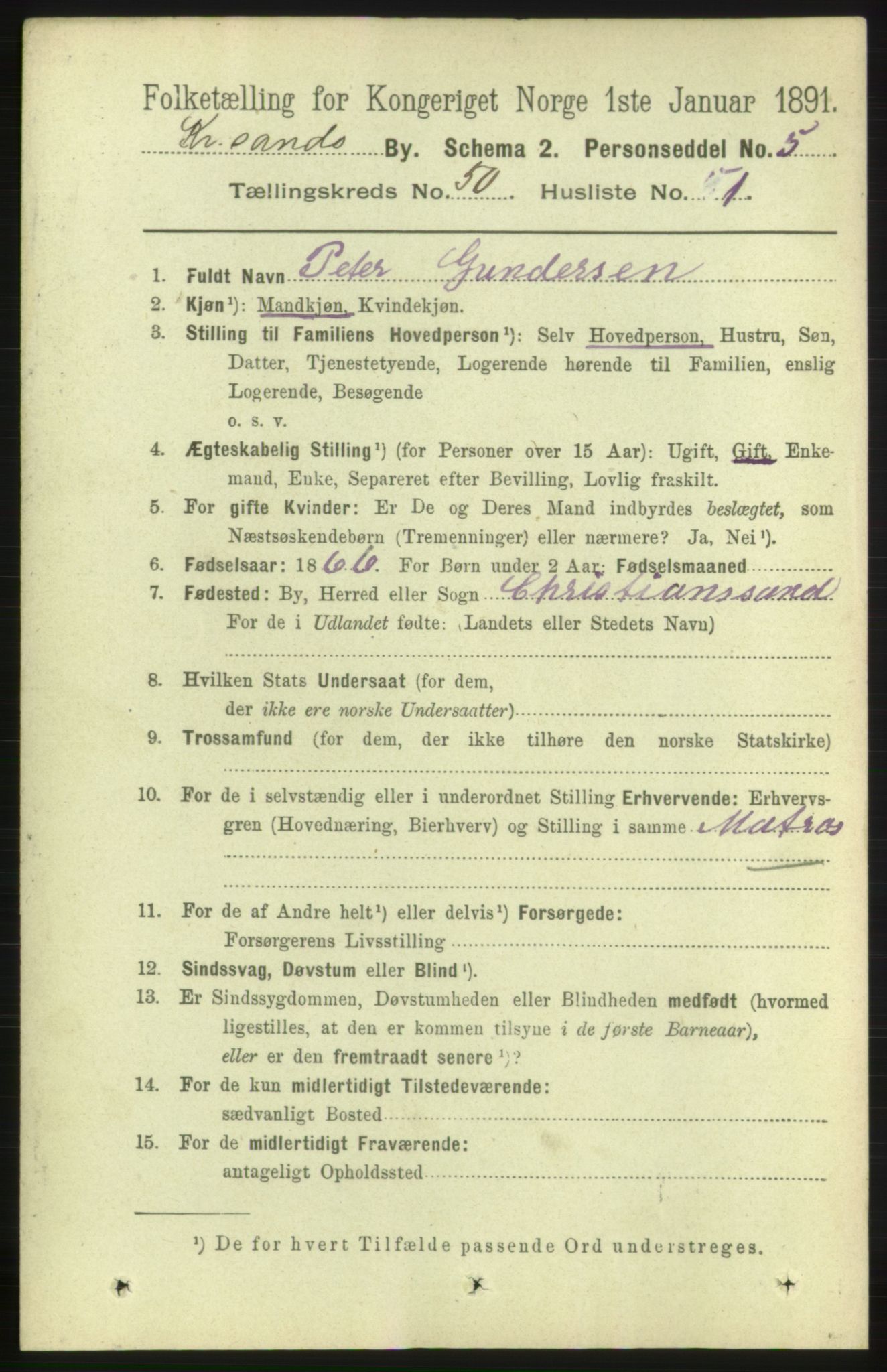 RA, 1891 census for 1001 Kristiansand, 1891, p. 14890