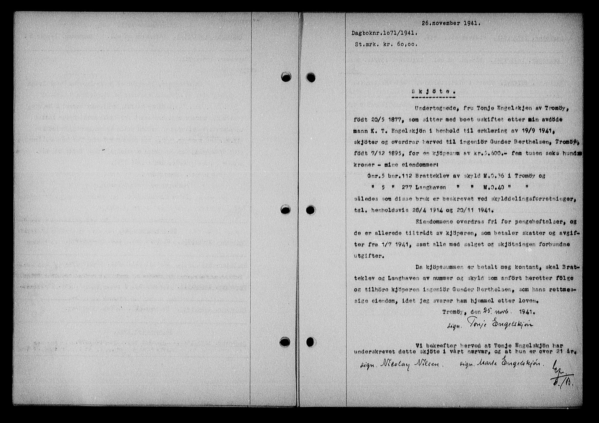 Nedenes sorenskriveri, SAK/1221-0006/G/Gb/Gba/L0049: Mortgage book no. A-III, 1941-1942, Diary no: : 1071/1941