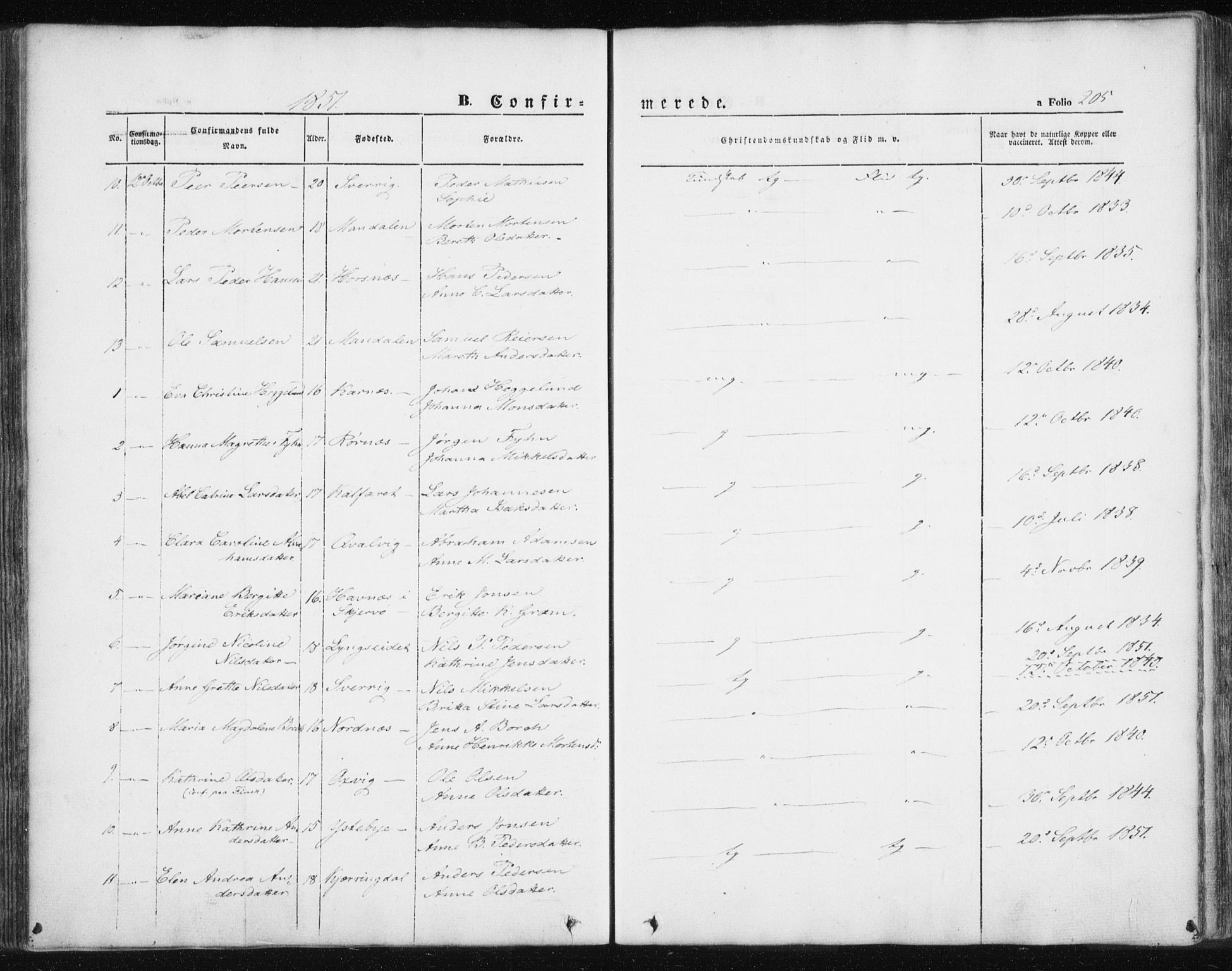 Lyngen sokneprestembete, AV/SATØ-S-1289/H/He/Hea/L0004kirke: Parish register (official) no. 4, 1839-1858, p. 205