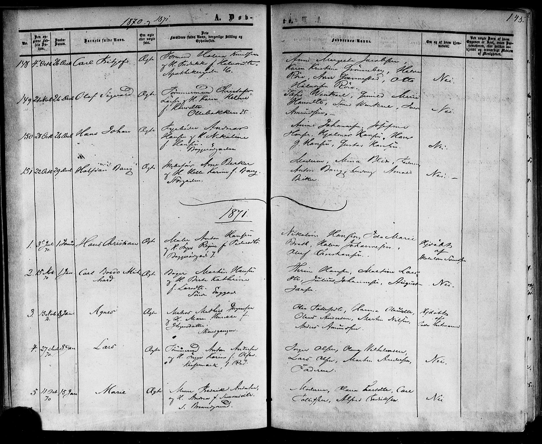 Horten kirkebøker, AV/SAKO-A-348/F/Fa/L0001: Parish register (official) no. 1, 1855-1871, p. 145