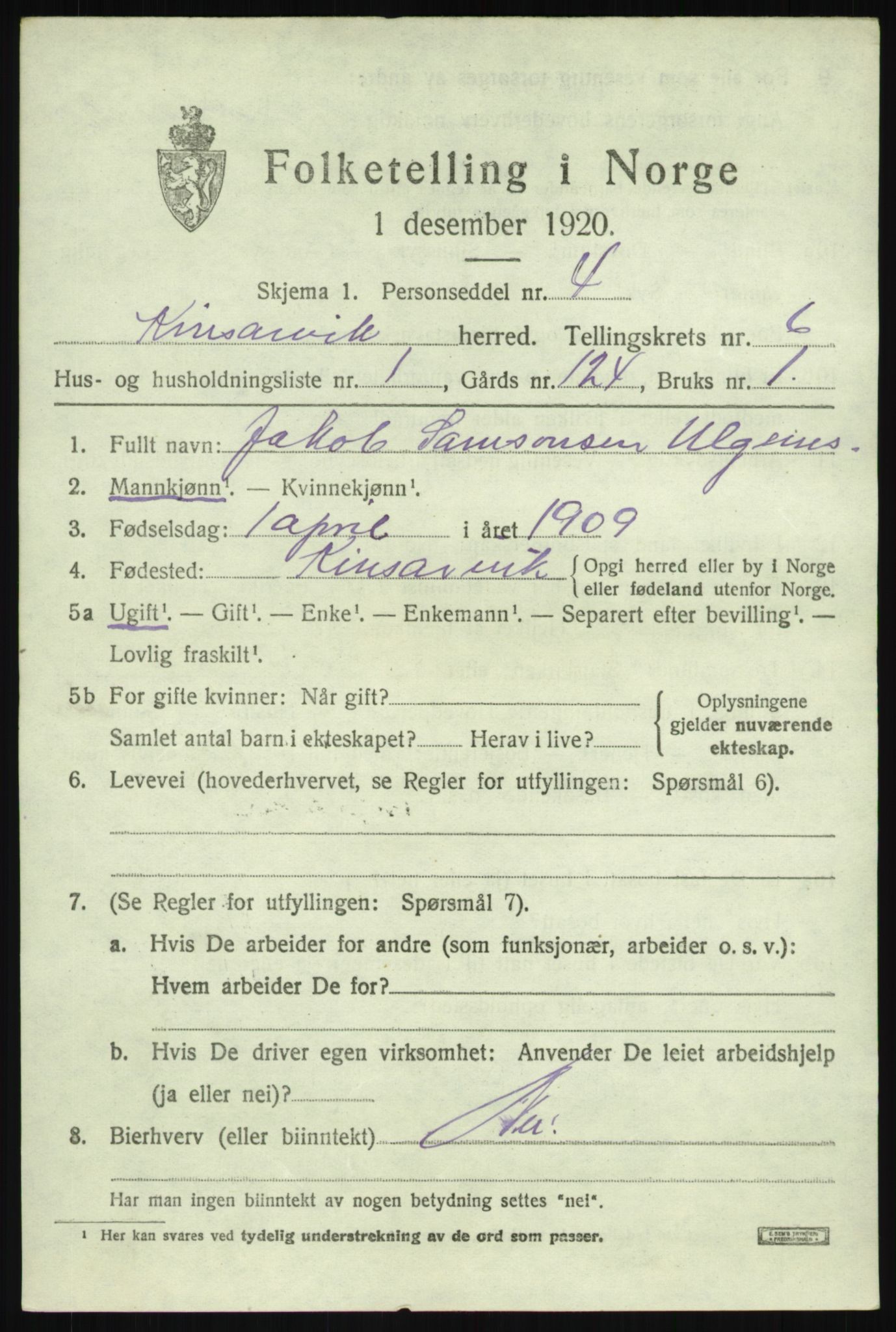 SAB, 1920 census for Kinsarvik, 1920, p. 2876