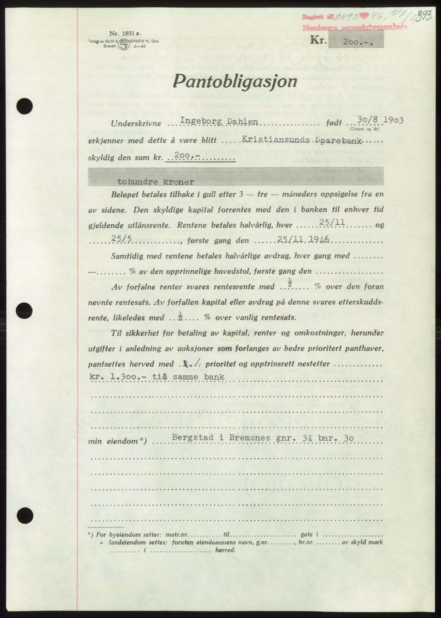 Nordmøre sorenskriveri, AV/SAT-A-4132/1/2/2Ca: Mortgage book no. B95, 1946-1947, Diary no: : 2492/1946