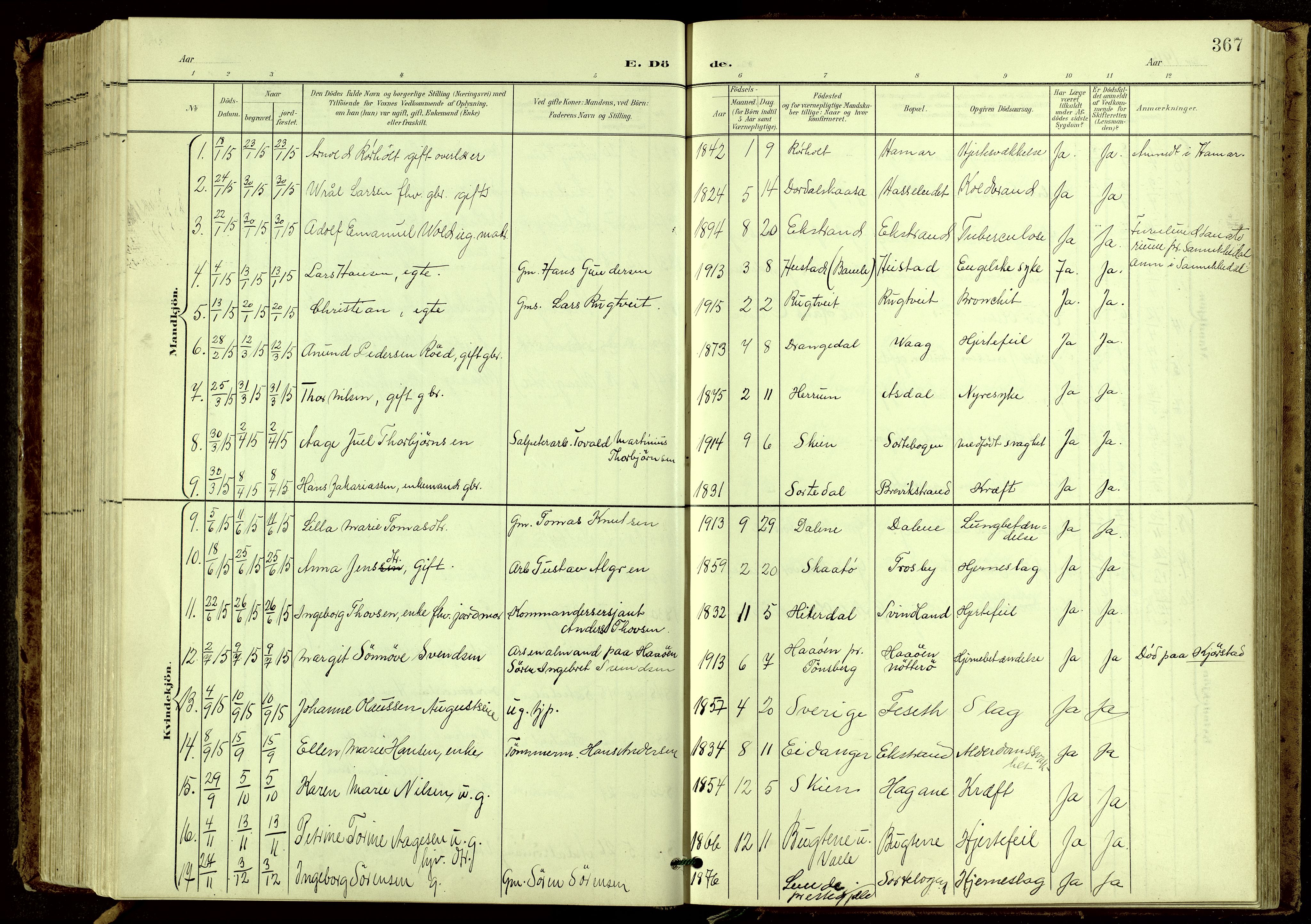 Bamble kirkebøker, SAKO/A-253/G/Ga/L0010: Parish register (copy) no. I 10, 1901-1919, p. 367