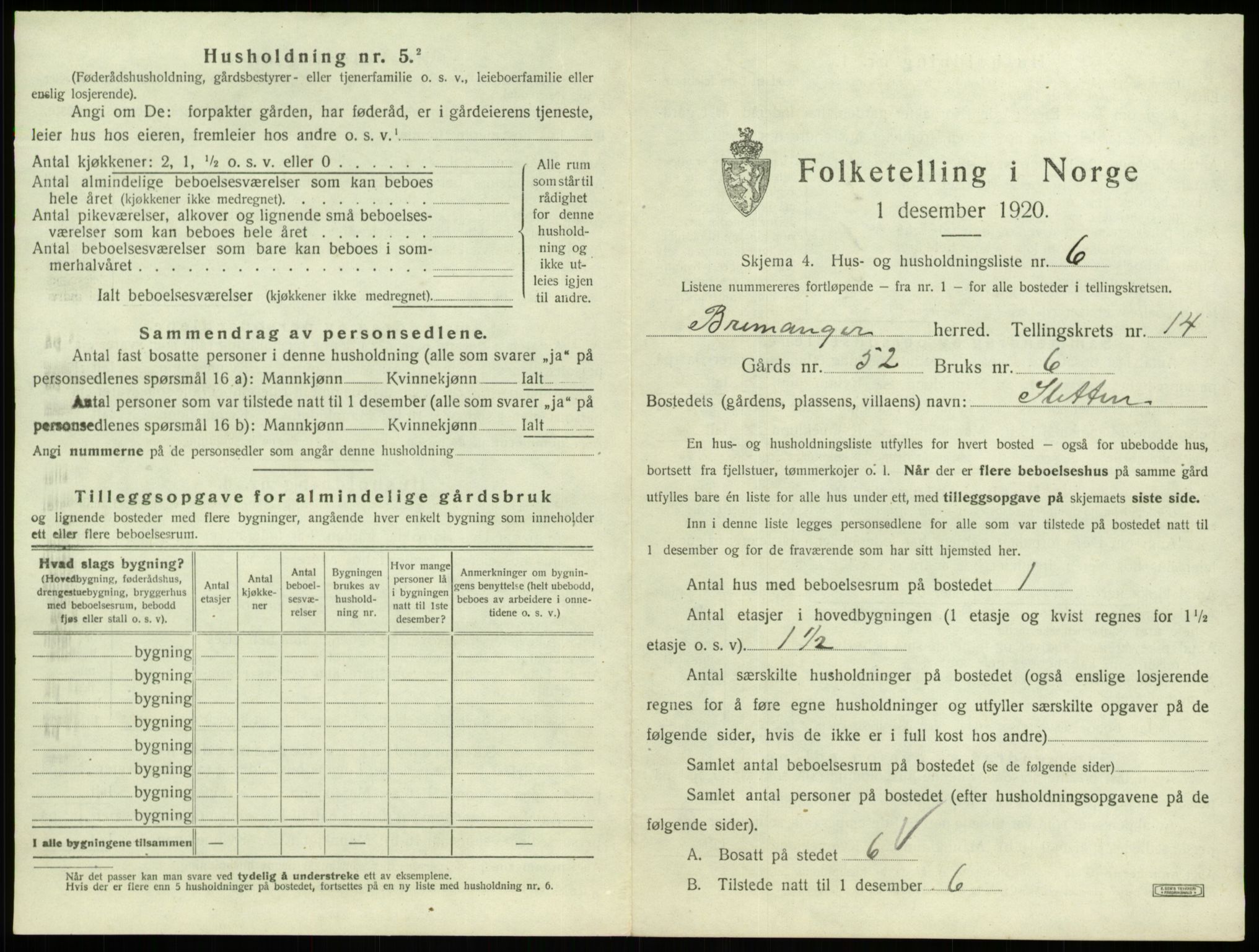 SAB, 1920 census for Bremanger, 1920, p. 948