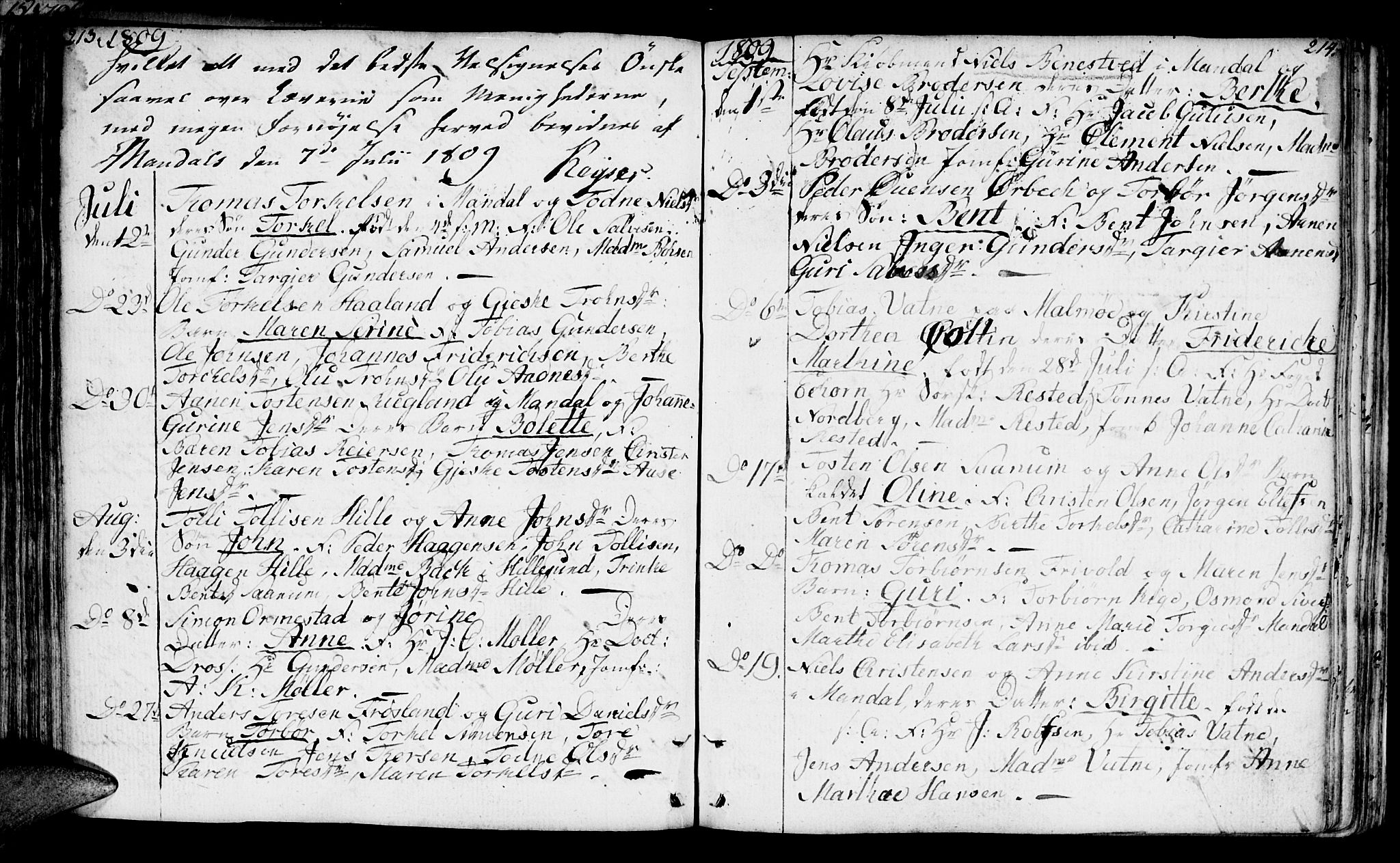 Mandal sokneprestkontor, SAK/1111-0030/F/Fa/Faa/L0008: Parish register (official) no. A 8, 1794-1817, p. 213-214