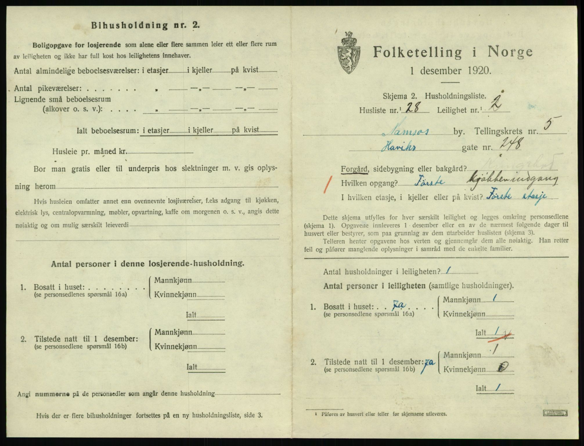 SAT, 1920 census for Namsos, 1920, p. 1707