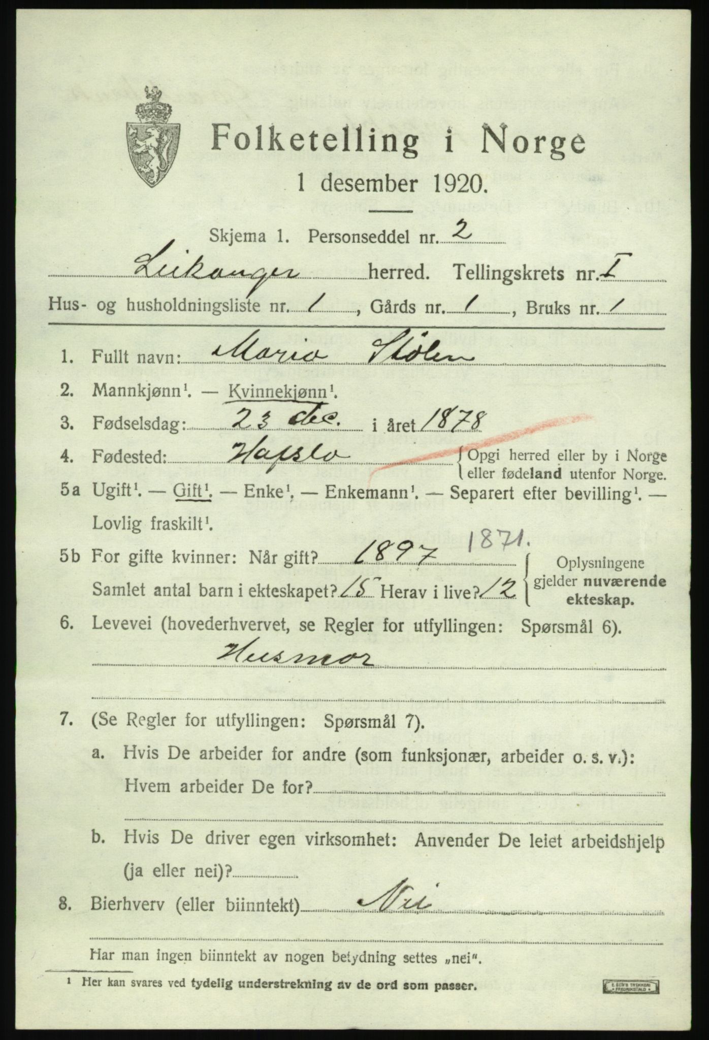 SAB, 1920 census for Leikanger, 1920, p. 948